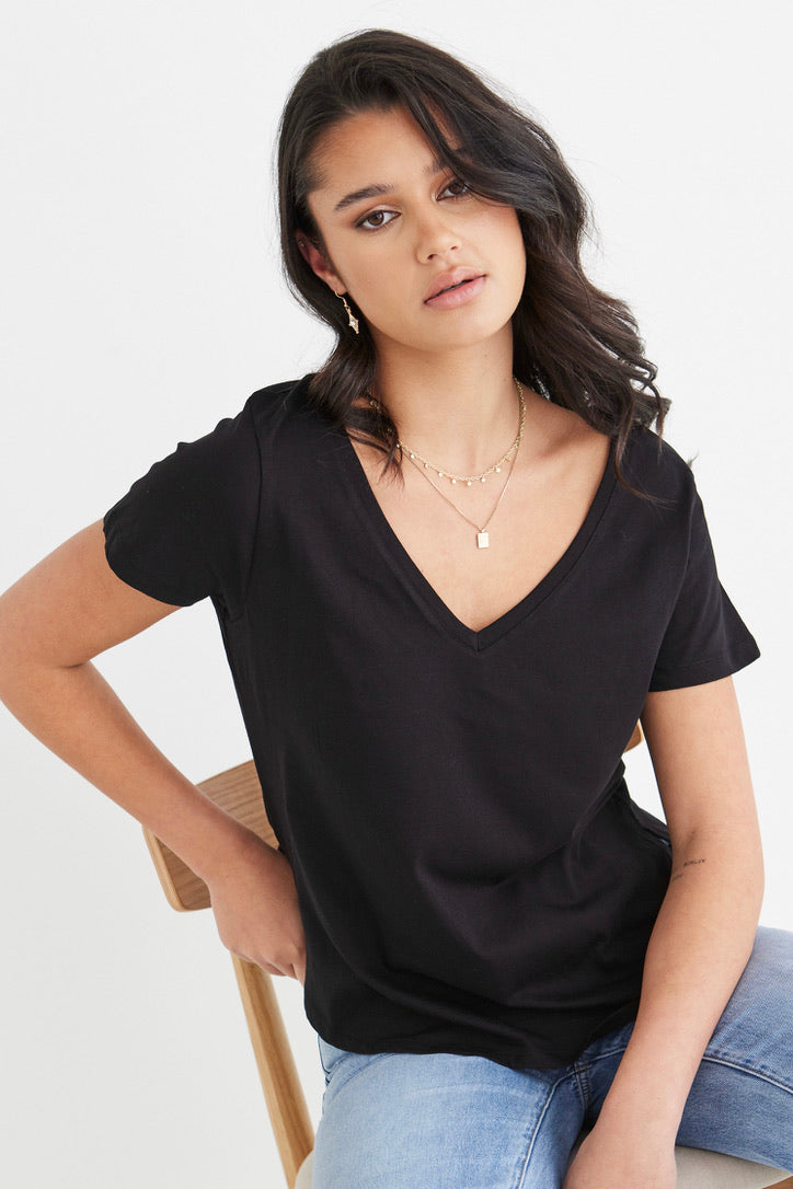 Respect Black Relaxed V-Neck Organic Cotton T-Shirt for Men - Eco-Friendly Casual Wear for Everyday Comfort & Street Style