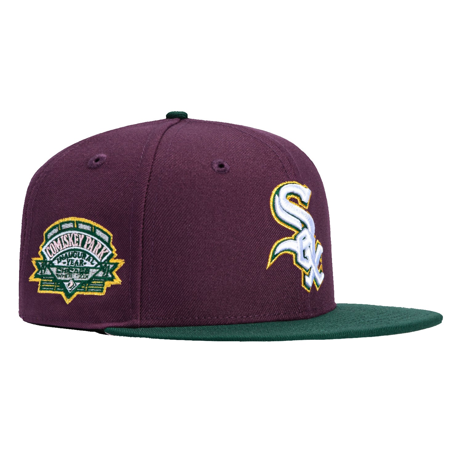 New Era 59Fifty Chicago White Sox Comiskey Park Patch Hat - Maroon & Green - Official MLB Baseball Cap for Men & Women - Perfect for Games, Collecting & Streetwear Fashion