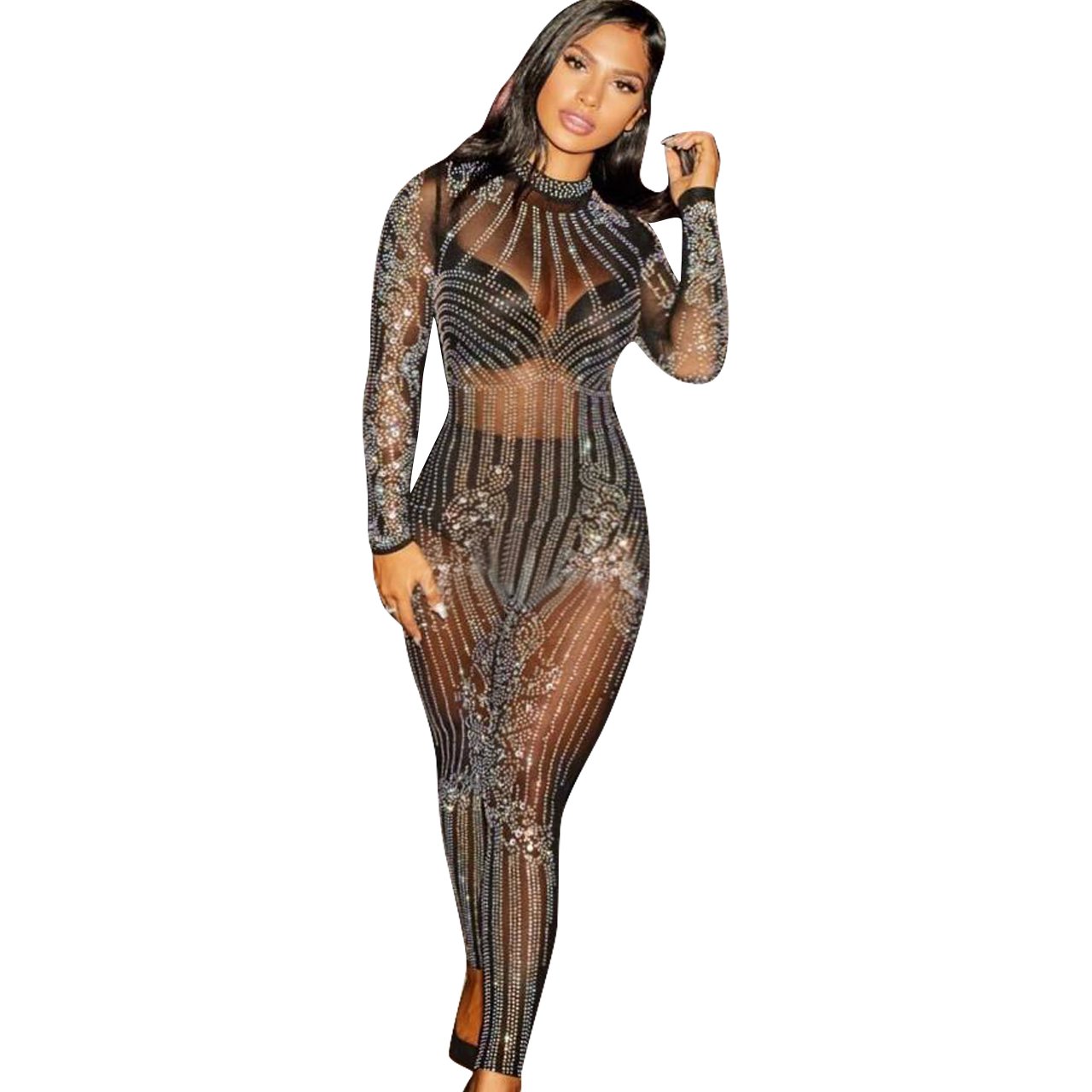 JEYKAY Women's Sexy Mesh See-Through Rhinestone Pantsuit - Geometric Tattoo Print Clubwear Jumpsuit for Party & Night Out (Black, Medium) | Perfect for Cocktail Parties, Clubbing, and Festive Occasions