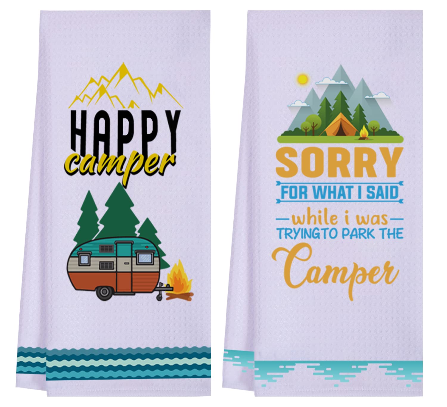 Funny Camping Kitchen Towels - Cute Camper Dish Towel Set with Waffle Weave | Absorbent RV Hand Towels for Campers | Perfect Camper Decor & Camping Accessories for Outdoor Enthusiasts | Ideal for RV Trips, Picnics & Outdoor Adventures