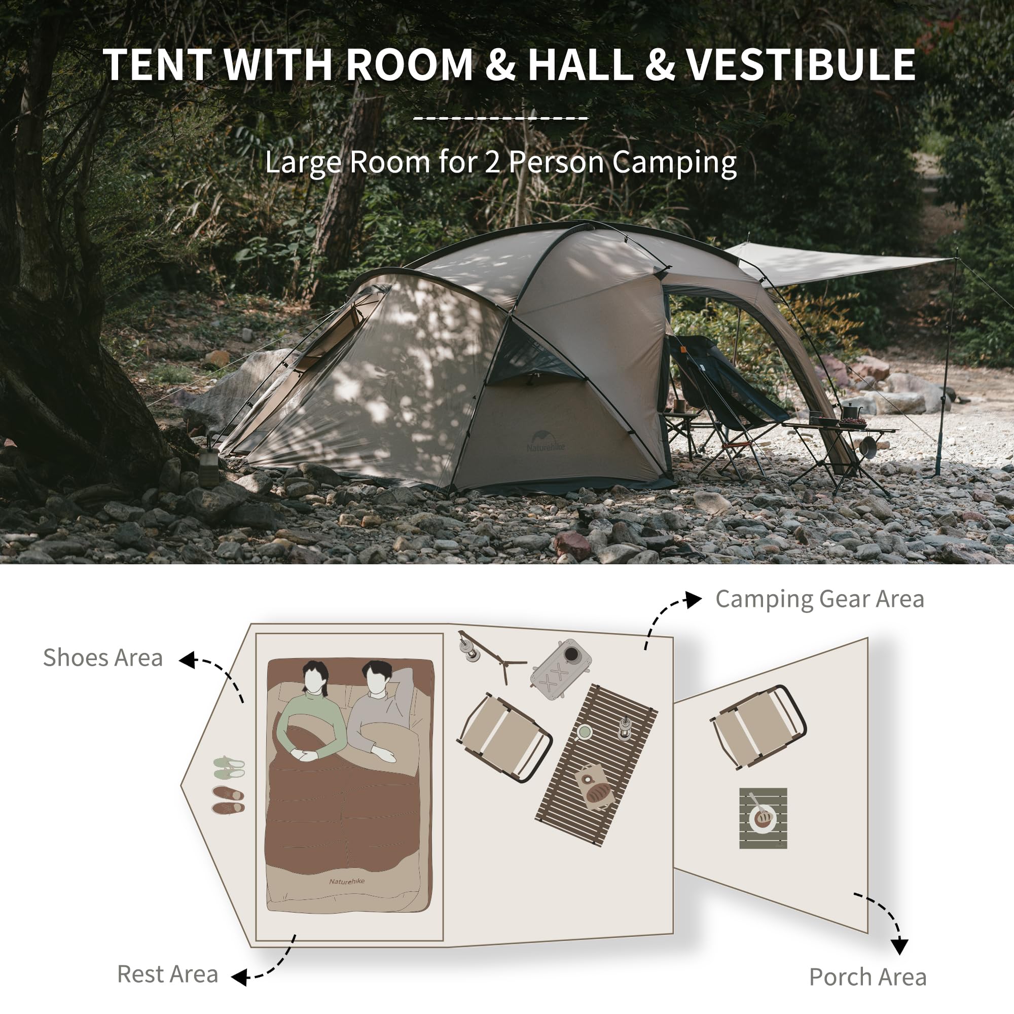 Naturehike Massif 4-Season Hot Tent with Stove Jack - Waterproof & Windproof Winter Camping Tent for 1/2/4 Persons - UPF50+ Sun Protection with Room & Hall Design - Perfect for Family Camping, Hunting Trips & Winter Outdoor Adventures