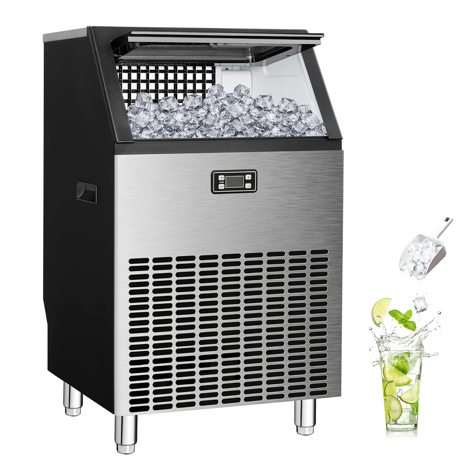 Commercial Ice Maker Machine 100Lbs/Day - 48Lbs Storage Capacity Stainless Steel Ice Cube Maker for Restaurants, Bars, Home & Office Use - Includes Ice Scoop - Perfect for Cocktails, Beverages & Food Service