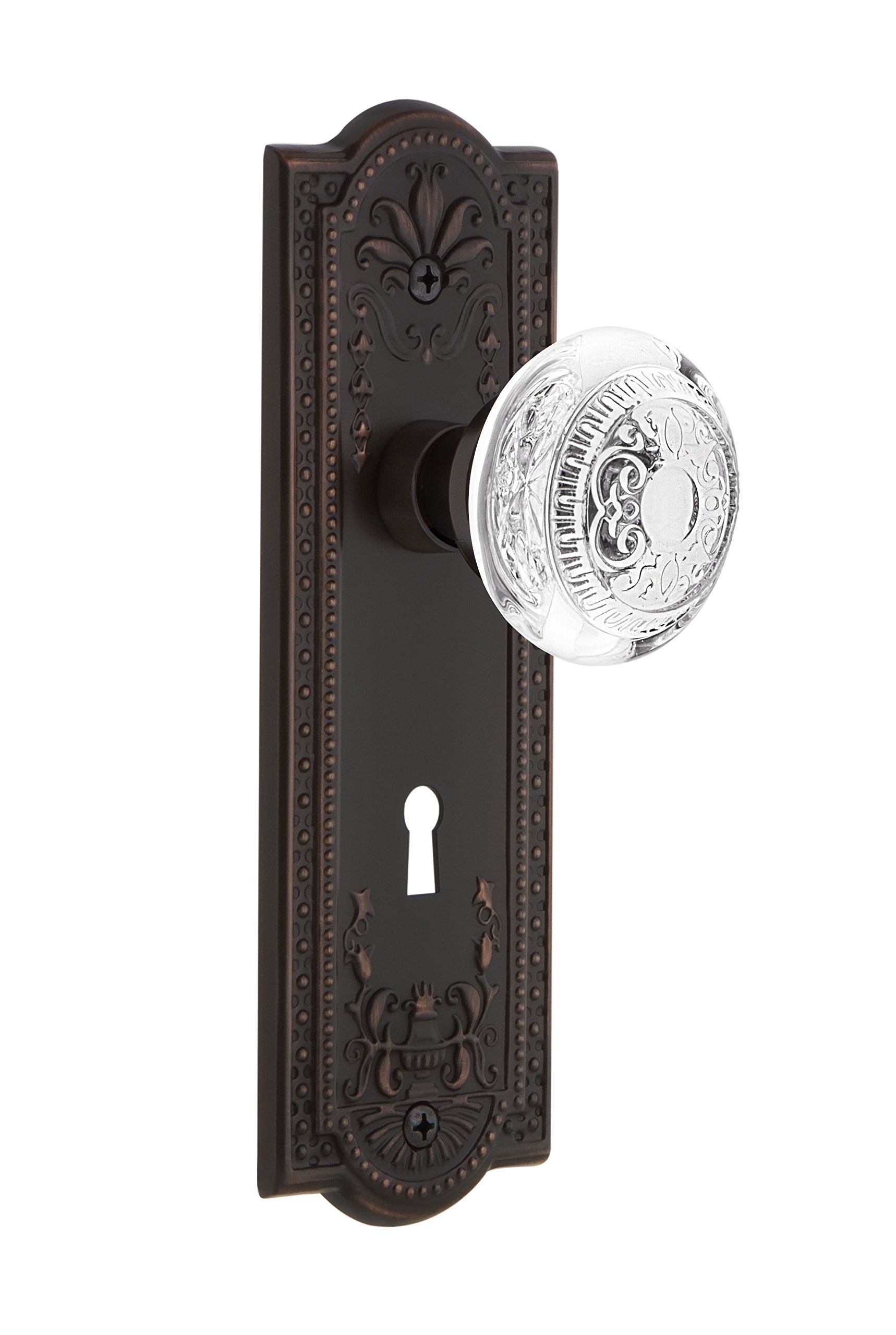 Nostalgic Warehouse 750963 Meadows Plate Double Dummy Door Knob with Keyhole - Crystal Egg & Dart Design in Timeless Bronze Finish | Vintage Style Cabinet & Furniture Hardware for Home Decor