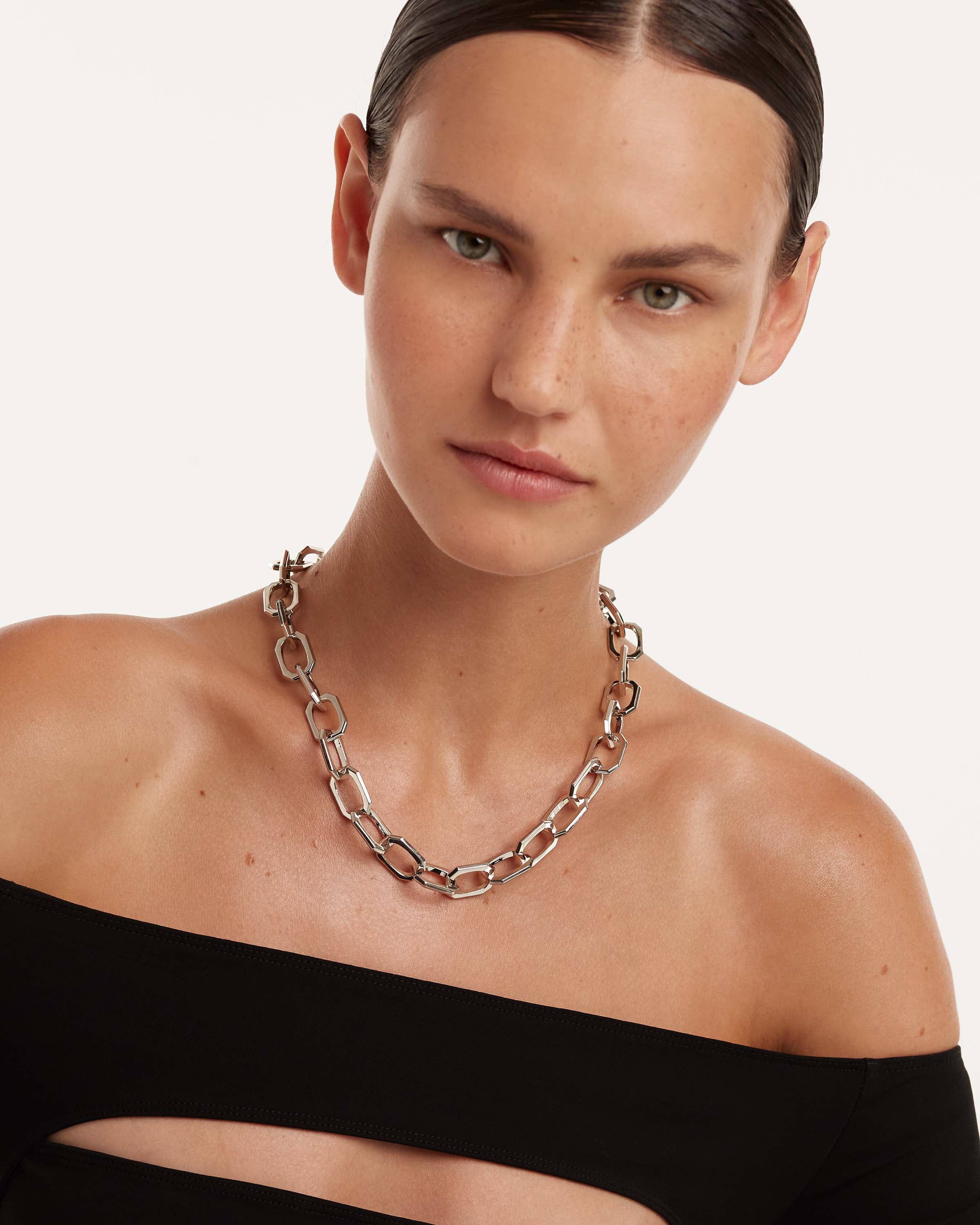 Large Signature Chain Silver Necklace for Women - Elegant 925 Sterling Silver Chunky Link Necklace Jewelry | Perfect for Parties, Date Nights & Special Occasions