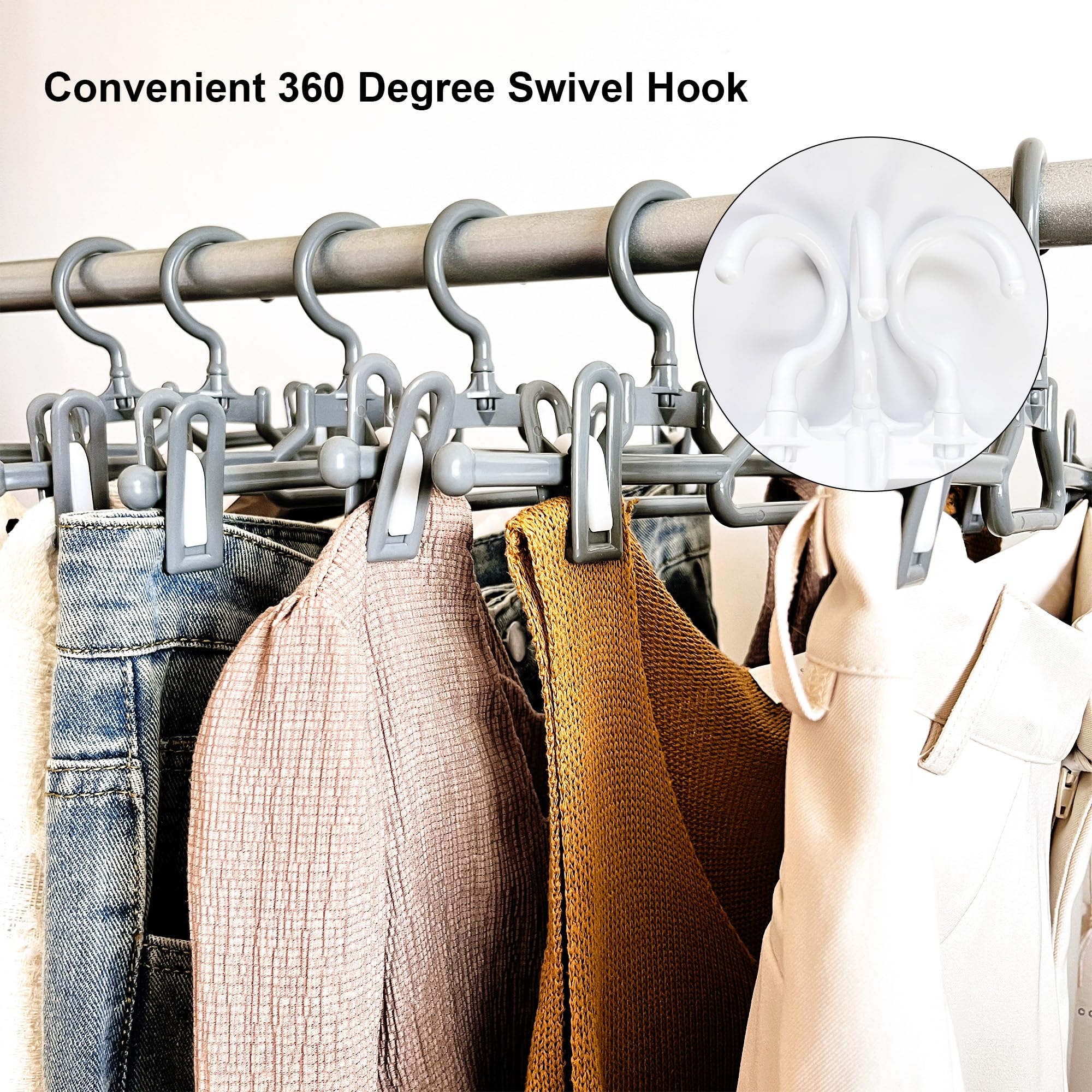 20-Pack Slim Plastic Pants Hangers with 360° Swivel Hook & Pinch Clips - Space Saving Closet Organizer for Baby, Kids, Adult Clothes (Grey) - Perfect for Wardrobe, Travel & Laundry Organization