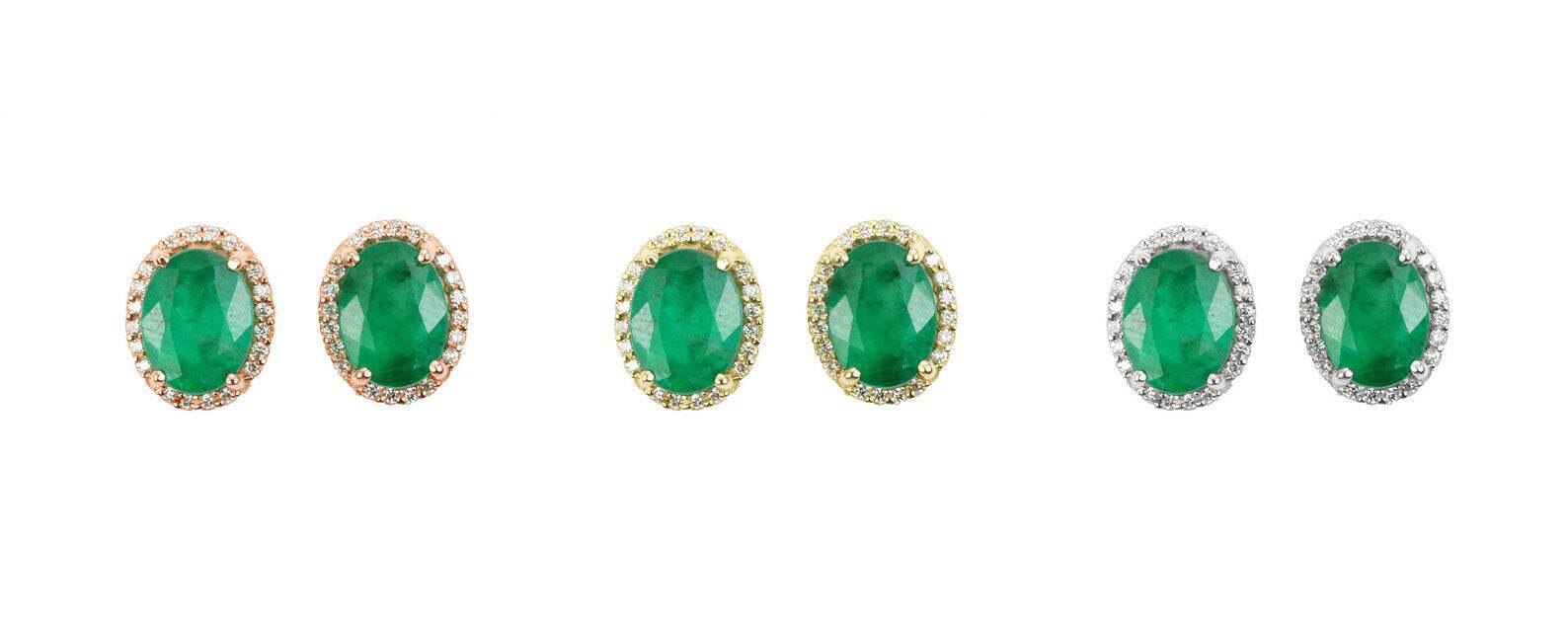 2.10tcw Oval Cut Dark Green Emerald & Diamond Halo 14K Rose Gold Stud Earrings for Women | Luxury Bridal Jewelry, Anniversary Gift, Evening Party Accessories
