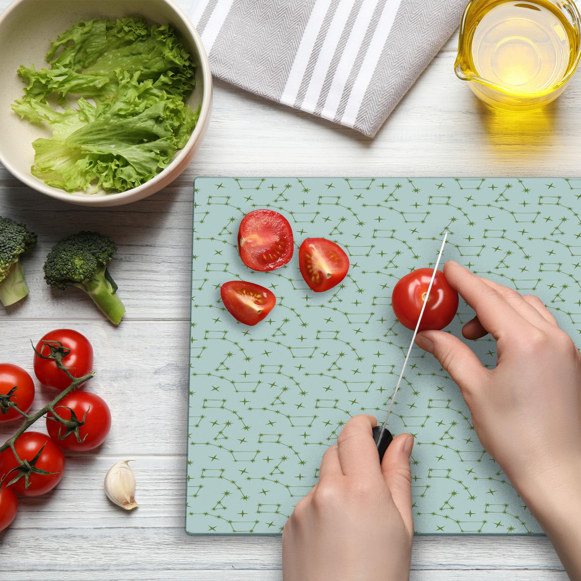 Ambesonne Constellation Tempered Glass Cutting Board - Large Astronomy Themed Serving Board with Stars Pattern, Pale Olive Green & White - Perfect for Kitchen Prep, Charcuterie Display & Home Decor