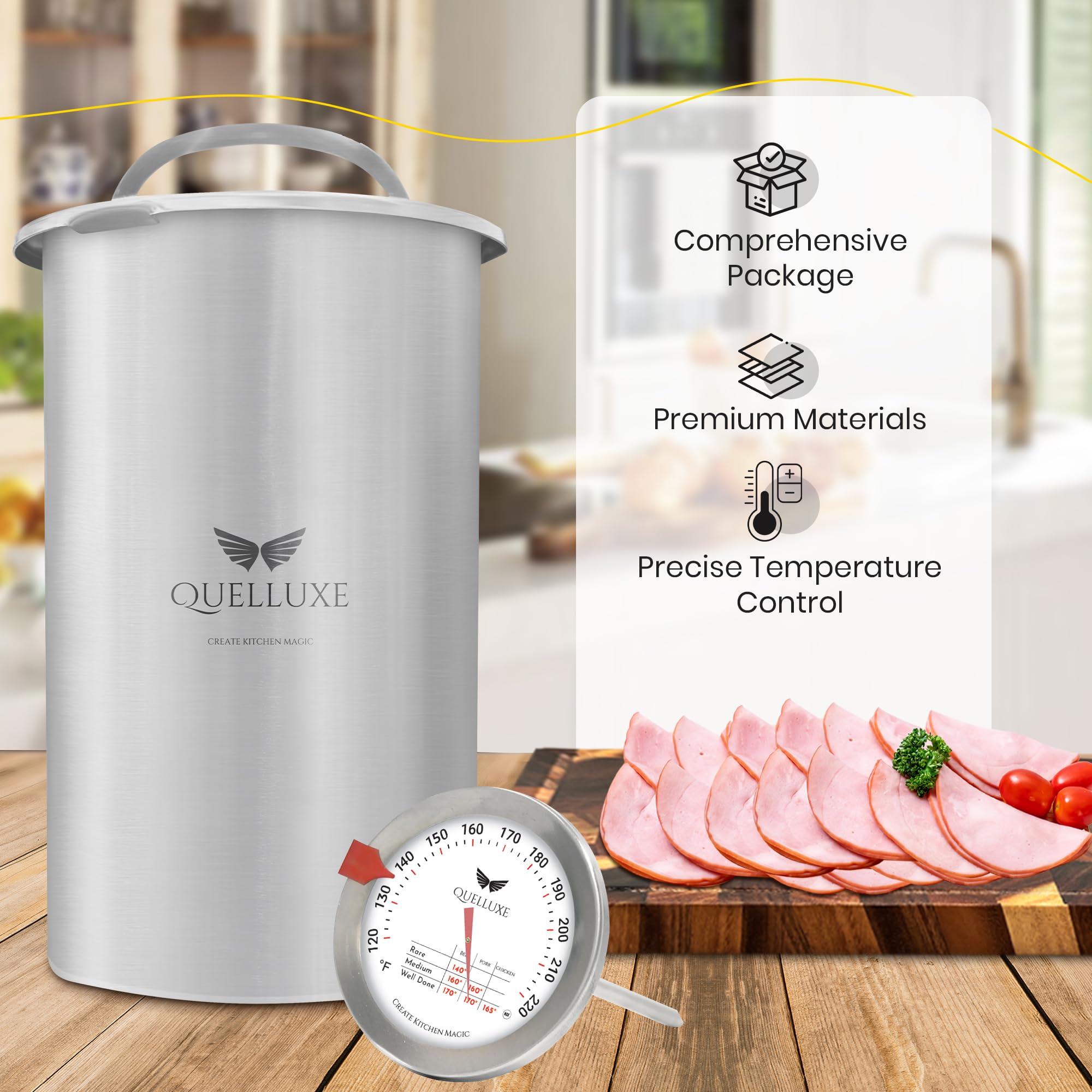 Premium Stainless Steel Ham Maker & Deli Meat Press Mold - Homemade Sandwich Meat Maker with Upgraded Thermometer - Includes 10 Cooking Bags & Recipe Guide Book - Perfect for Meal Prep, Charcuterie Boards, and Home Cooking
