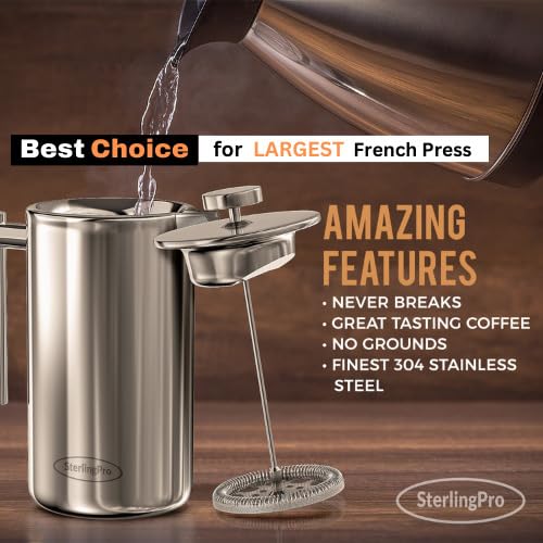 Premium Stainless Steel French Press Coffee Maker (1.75L) - Double Walled Large Coffee Press with 2 Free Filters - Enjoy Granule-Free Coffee - Rust Free Kitchen Accessory - Perfect for Home, Office & Camping Use