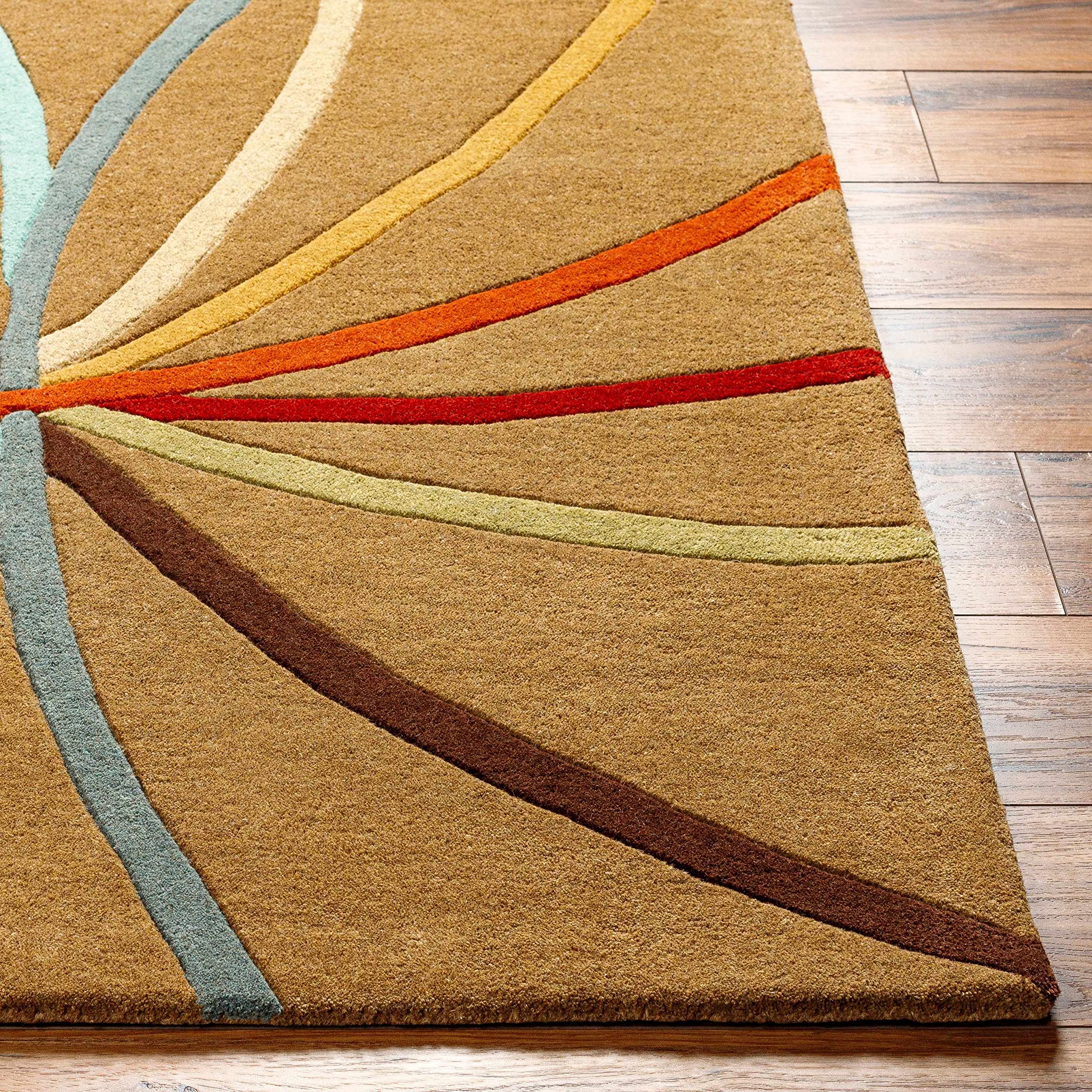 Hauteloom Davison Wool Area Rug for Living Room & Bedroom - Modern Round Rug in Brown, Blue, Red - 4' Diameter - Soft & Durable Home Decor for Cozy Spaces
