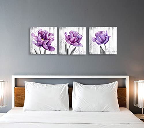 Purple Gray Floral Wall Art Set - 3 Piece Lilac Tulip Canvas Paintings for Bedroom & Living Room Decor, Framed Flower Pictures (12x12 Inch) | Perfect for Home, Office & Gift Giving