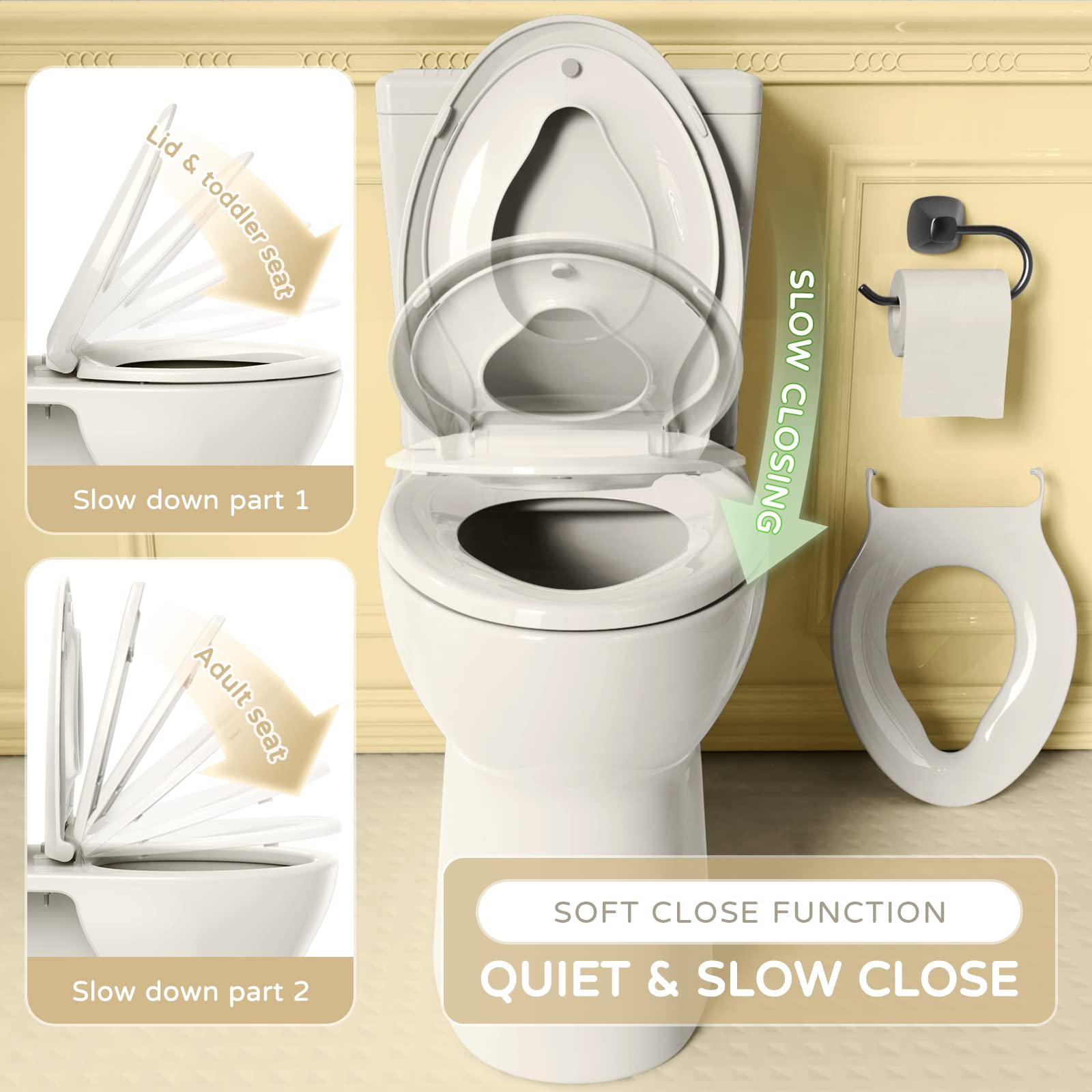 YASFEL Built-in Potty Training Toilet Seat for Toddlers, Kids & Adults - Slow Close Elongated Plastic Toilet Seat with Magnets (Biscuit, 18.5