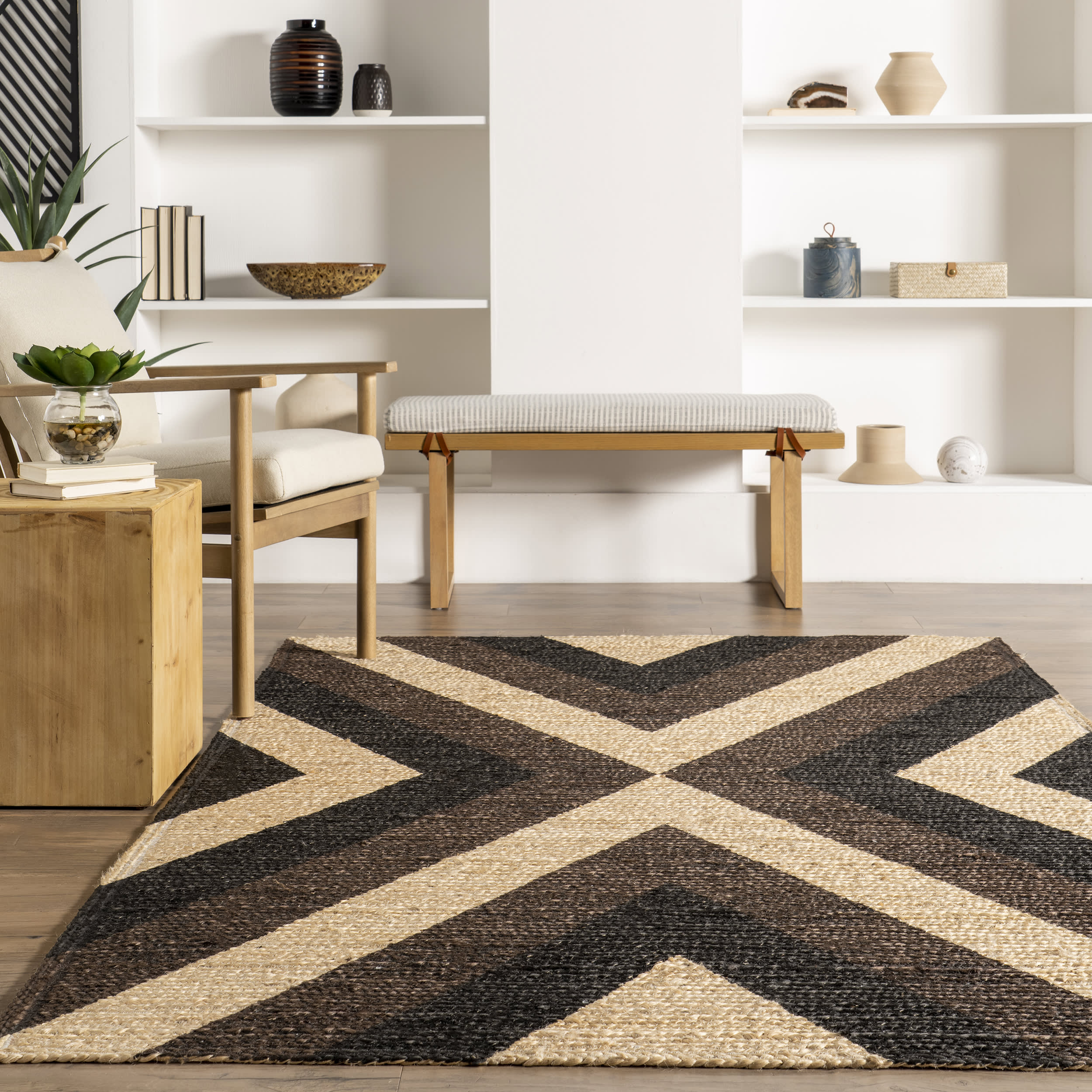 Armani Banded Jute Rug - Black Natural Fiber Area Rug for Living Room, Bedroom & Office | Eco-Friendly Home Decor