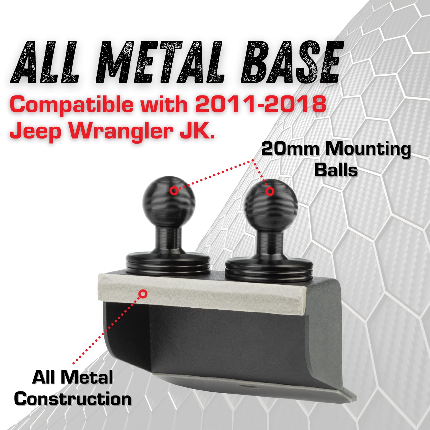 2011-2018 Jeep Wrangler JK JKU Dash Mount Phone Holder - 20mm Ball Mount Compatible with Cell Phones & Action Cameras | Dual Ball Metal Base for Secure Mounting | Perfect for Off-Roading, GPS Navigation & Adventure Photography