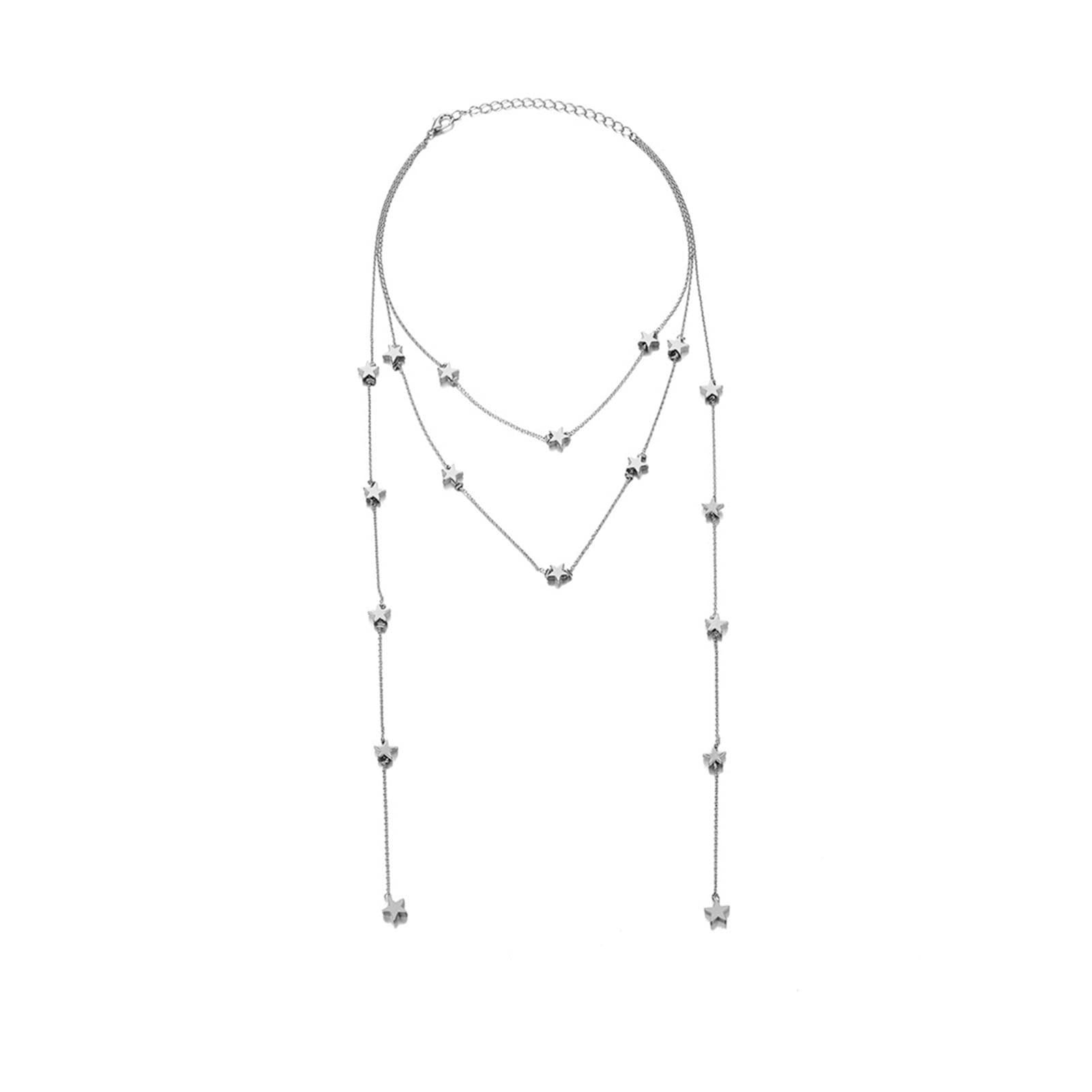 SHANGMAOYO Women's Geometric Star Pendant Necklace - Korean Fashion Double Layer Chain Jewelry, Silver Plated Sweater Accessory for Winter Outfits & Casual Wear