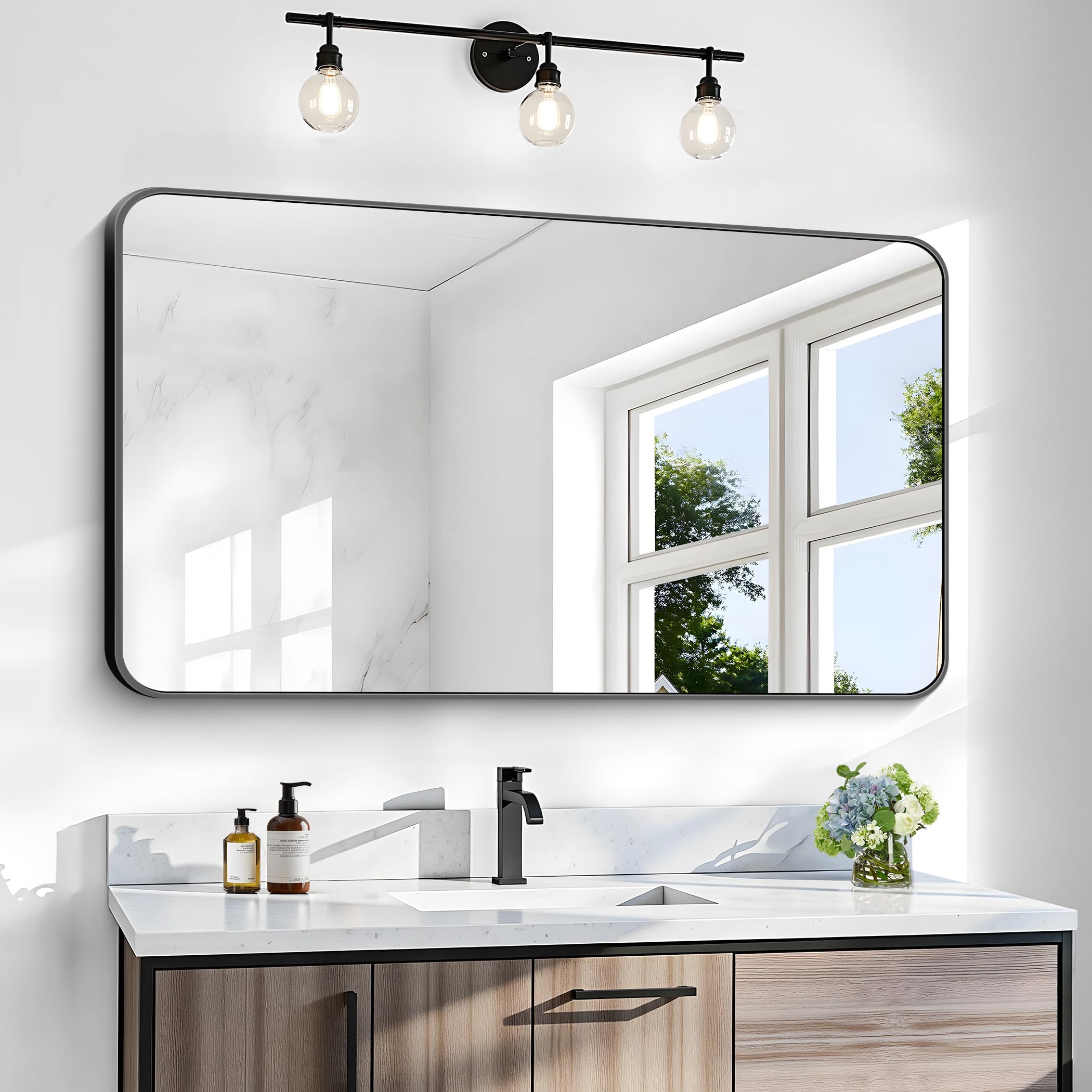30x48 Inch Black Rectangle Bathroom Mirror - Wall Mounted Vanity Mirror with Rounded Corners for Bathroom, Bedroom, Living Room & Entryway - Hangs Horizontal or Vertical - Perfect for Makeup, Grooming & Home Decor