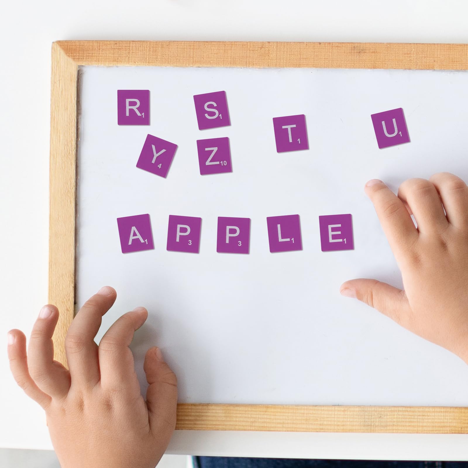 100pcs Self-Adhesive Vinyl Letter Stickers - Wooden Alphabet Tiles for Phonics, Spelling & Learning - Perfect for DIY Crafts, Wedding Decor, Baby Toys & Educational Activities - Reusable Wood Chips in Bamboo Storage Box (Purple)
