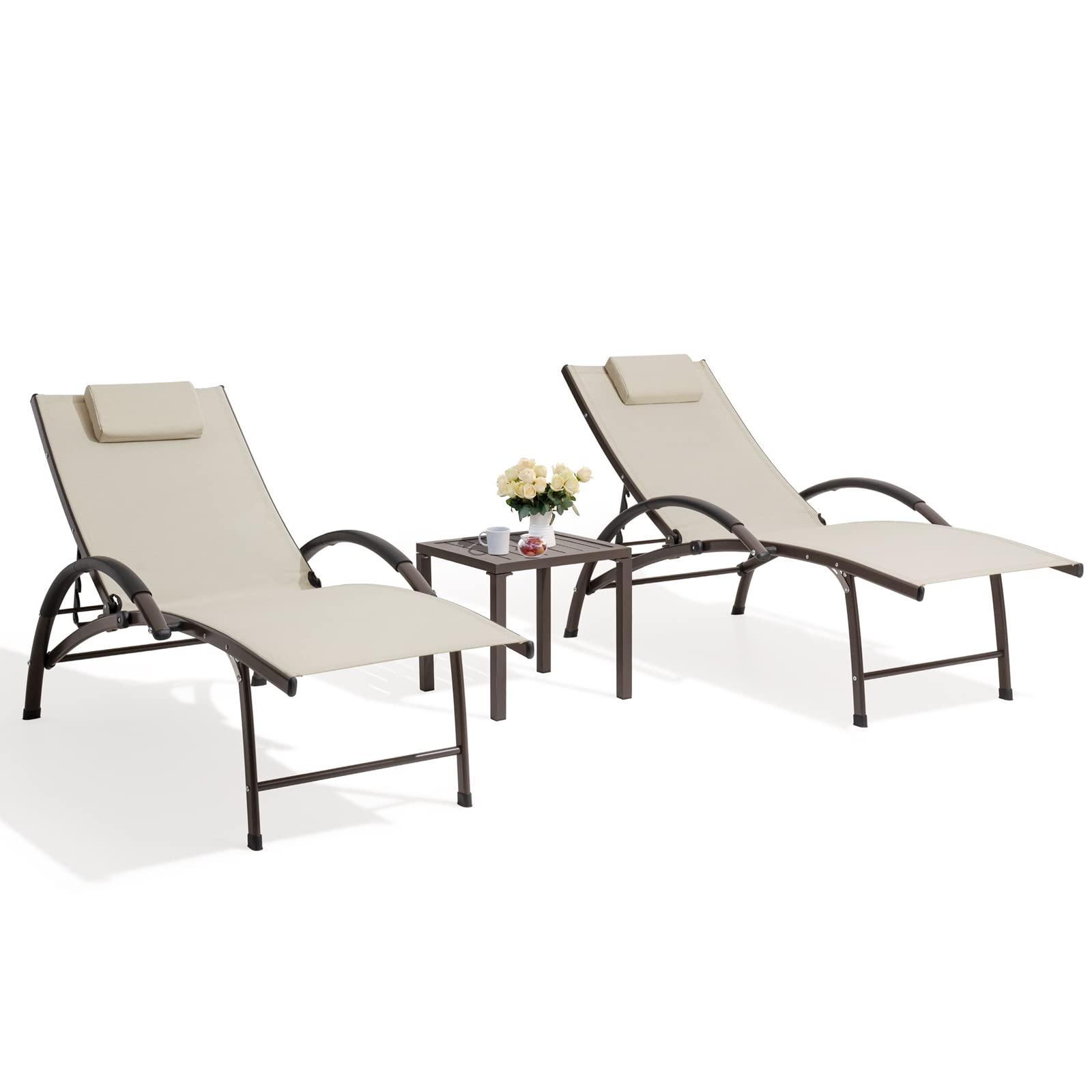 2PCS Aluminum Chaise Lounge Chairs with Side Table - Adjustable 4-Position Recliner for Outdoor Relaxation | Beach, Patio, Pool, Lawn & Yard Furniture | Durable Sunbathing Chairs for Backyard, Garden & Vacation Homes