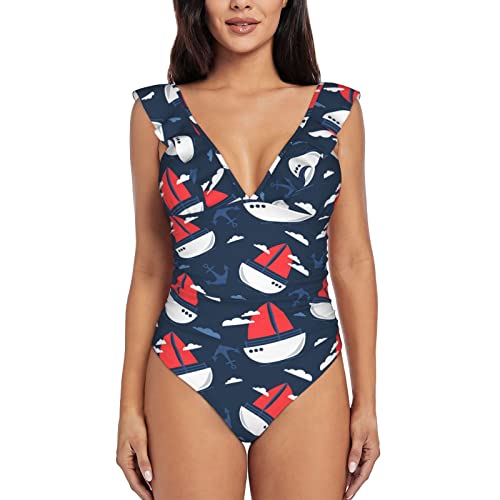 Grafffery Women's Tummy Control One Piece Swimsuit - V Neck Ruffle Monokini Bathing Suit for Beach, Pool & Vacation