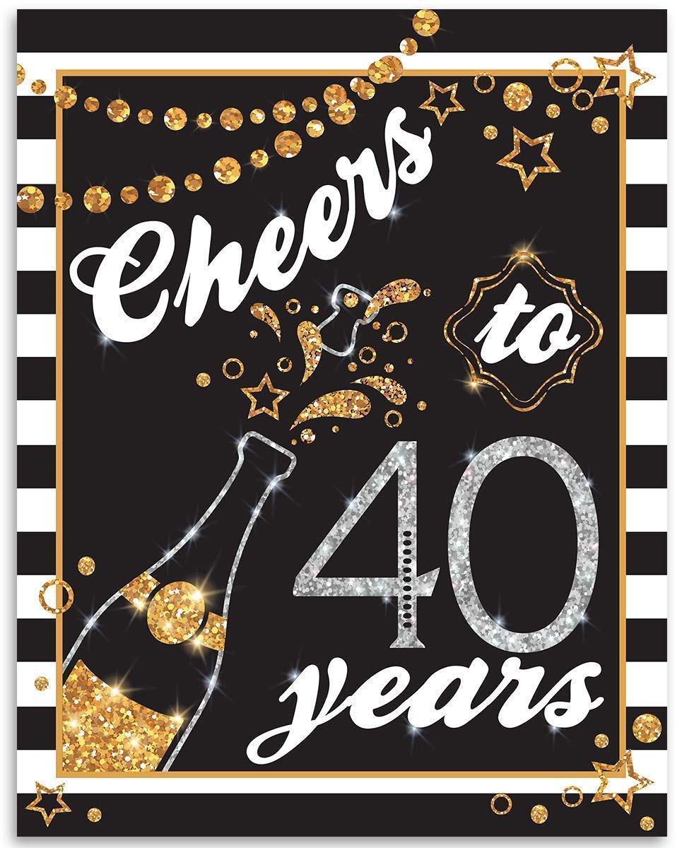 Cheers To 40 Years Champagne Print - Retro Black & White 11x14 Unframed Art Poster with Gold Glitter | Perfect for 40th Birthday Decor, Anniversary Gifts & Reunion Parties | Wall Art for Home, Office & Event Decorations