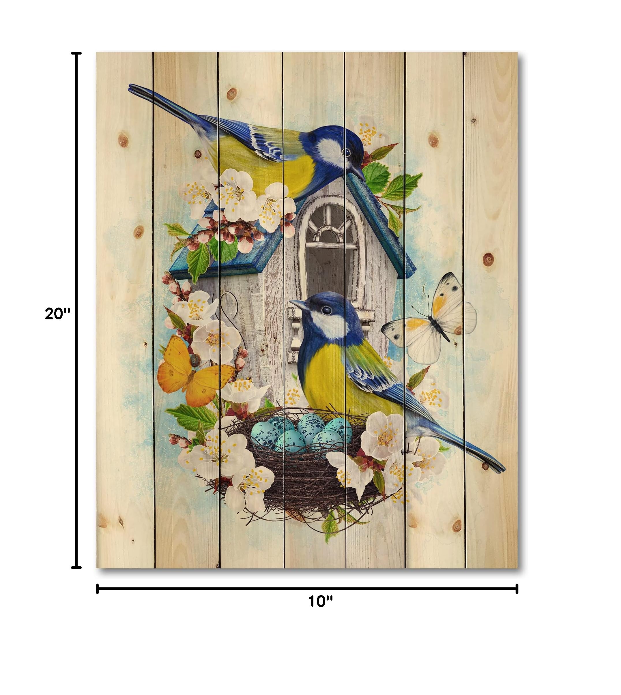 Two Tit Birds Nest Wall Art - Traditional Blue Wood Decor for Home
