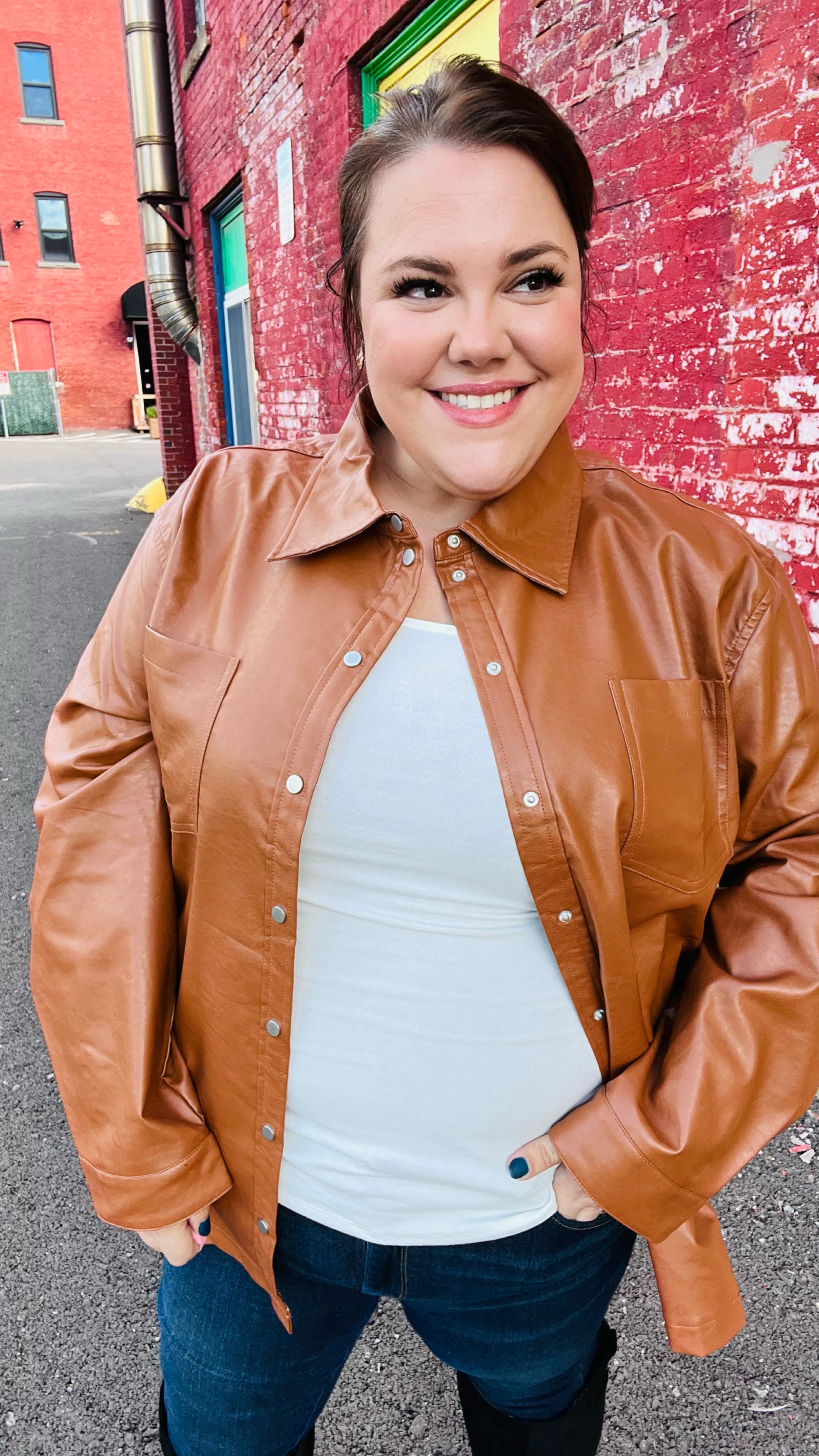 Rust Vegan Leather Snap Button Shacket - Eco-Friendly & Stylish Jacket for Men & Women | Perfect for Fall & Winter Outfits