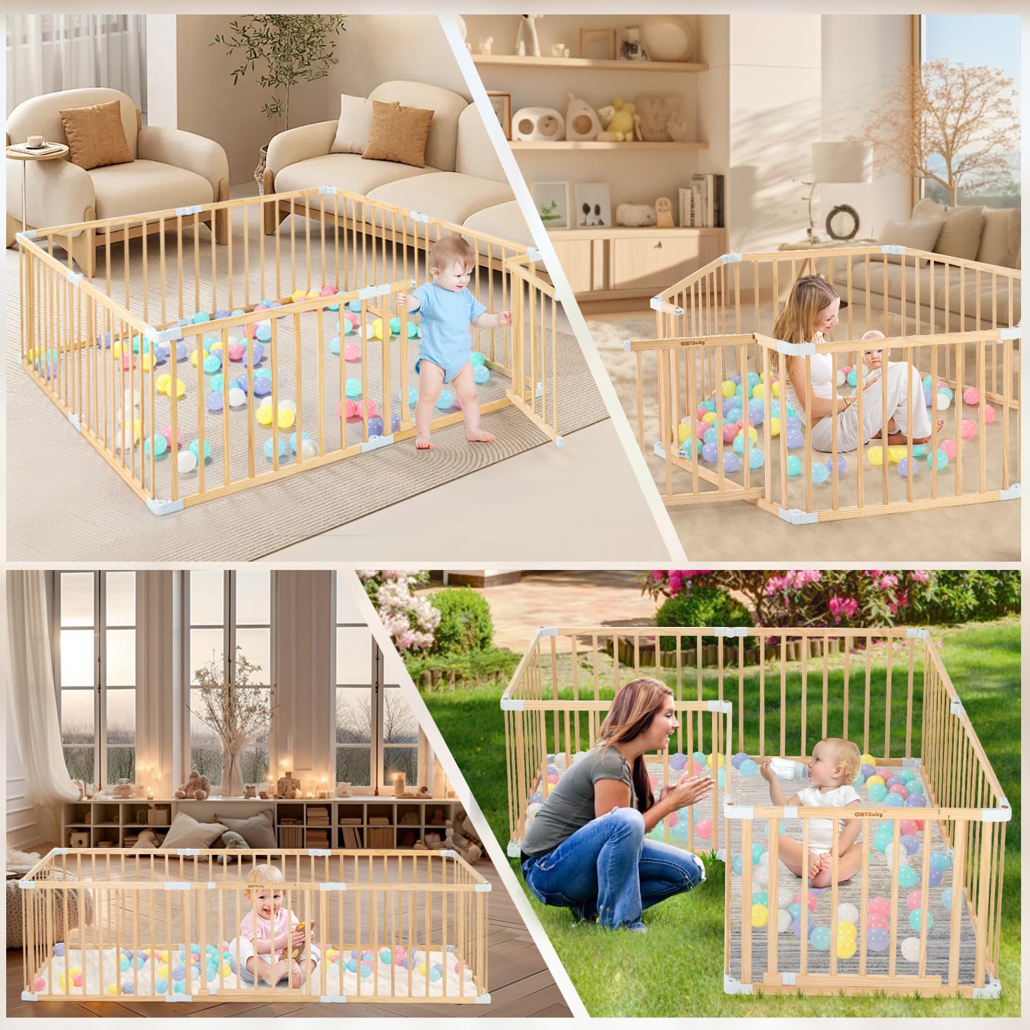 **Wooden Baby Playpen with Door - Expandable & Adjustable Toddler Play Yard, Safe Play Area for Kids Indoor & Outdoor (26