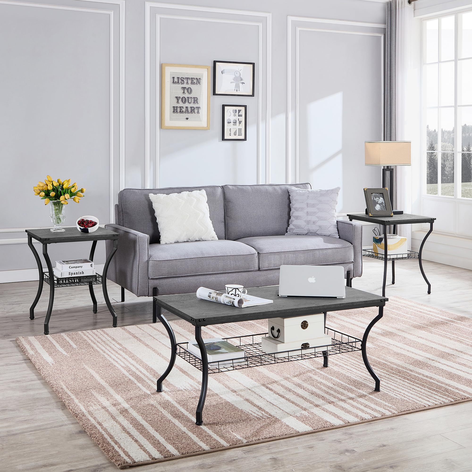 VECELO 3-Piece Living Room Set - Modern Coffee Table and End Tables with Open Storage Shelves, Easy Assembly, Dark Grey - Perfect for Apartments, Home Offices & Small Spaces | Ideal for Living Room Decor, TV Stand, and Extra Storage