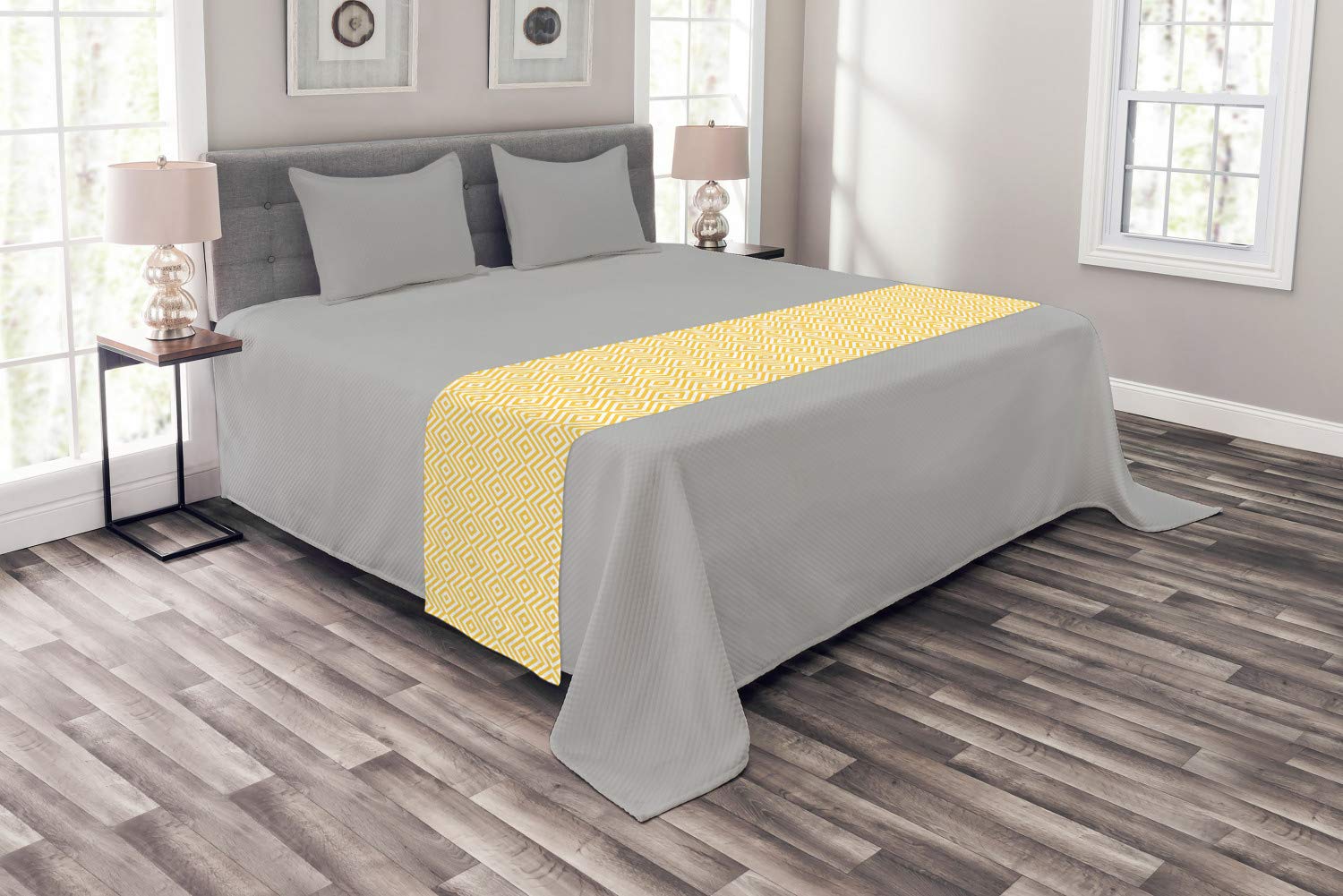 Ambesonne Geometric Bed Runner - Modern Triangle & Square Stripes Art Print, Decorative Bedding Scarf for Hotels, Homes & Guest Rooms in Marigold & White | Perfect for Master Bedrooms, Airbnb Decor & Luxury Bed Styling