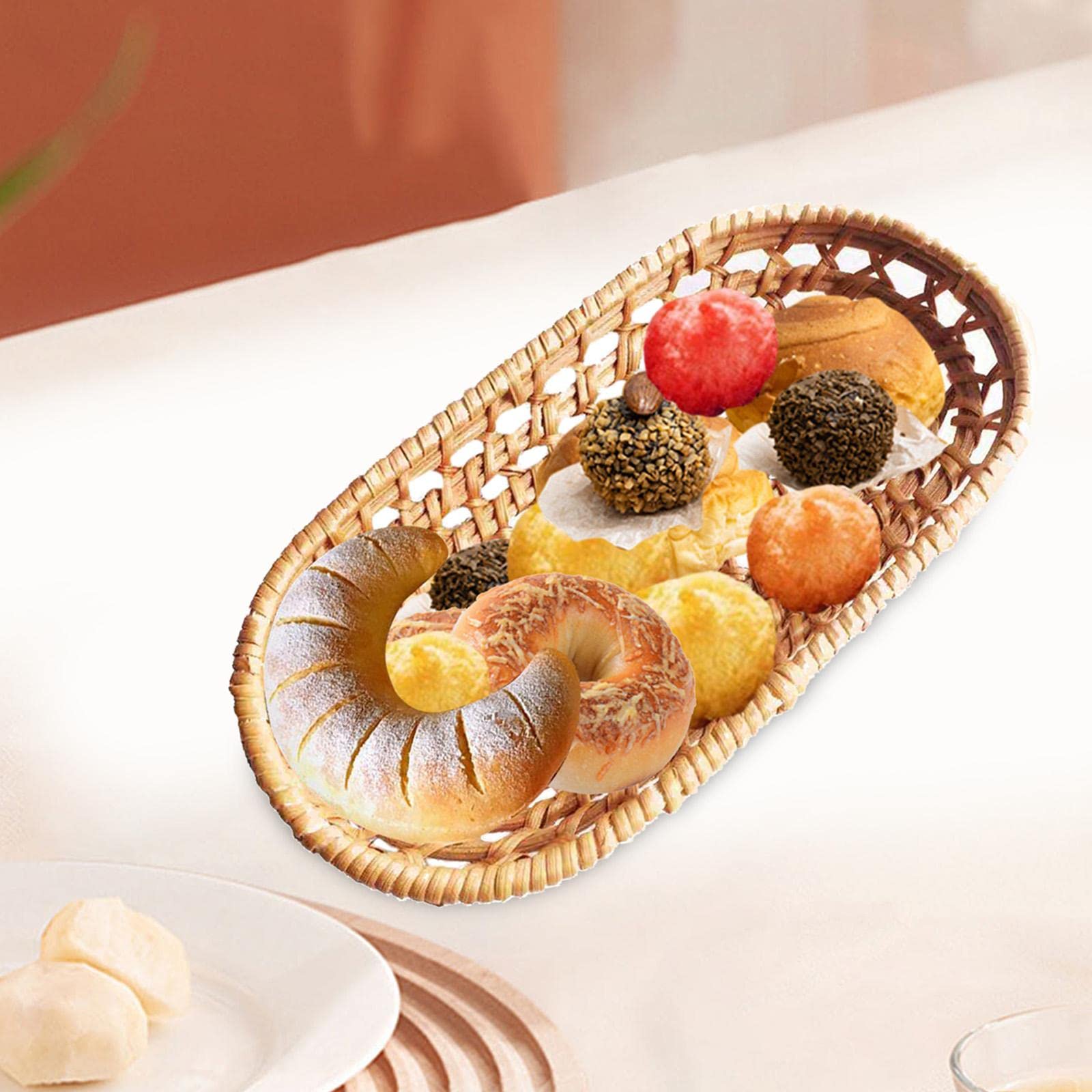Hand Woven Rattan Fruit Basket - Wicker Bread Basket & Oval Serving Bowl for Breakfast, Food, Vegetables, Snacks | Medium Size | Perfect for Kitchen, Dining Table, Picnic & Farmhouse Decor