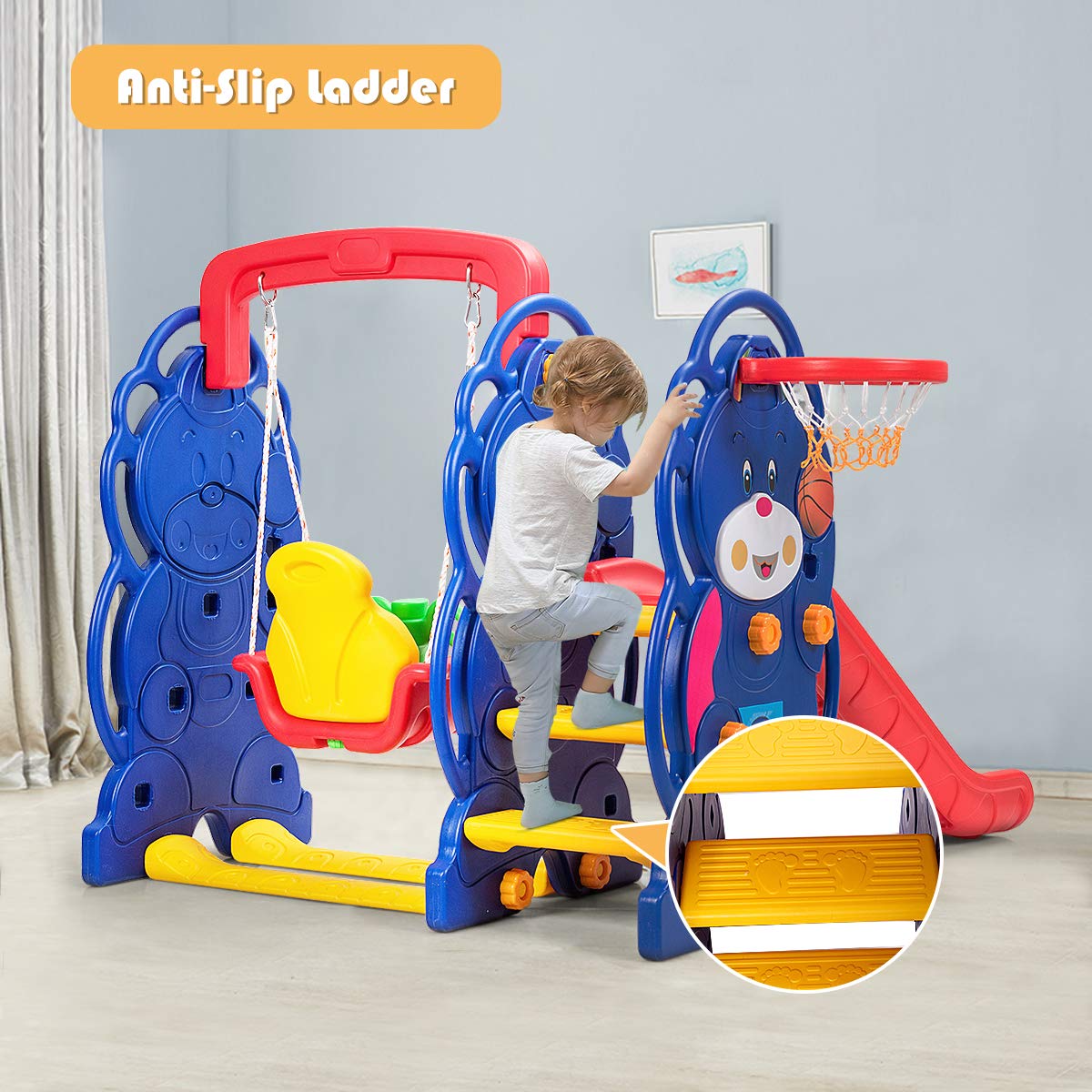 Costzon 3-in-1 Toddler Swing and Slide Playset with Basketball Hoop - Large Outdoor Climber Set for Kids Ages 3-10 - Sturdy Long Slide, Safety Stairs & Thickened Panels - Perfect for Backyard, Garden & Indoor Play - Great Birthday & Holiday Gift for Boys & Girls