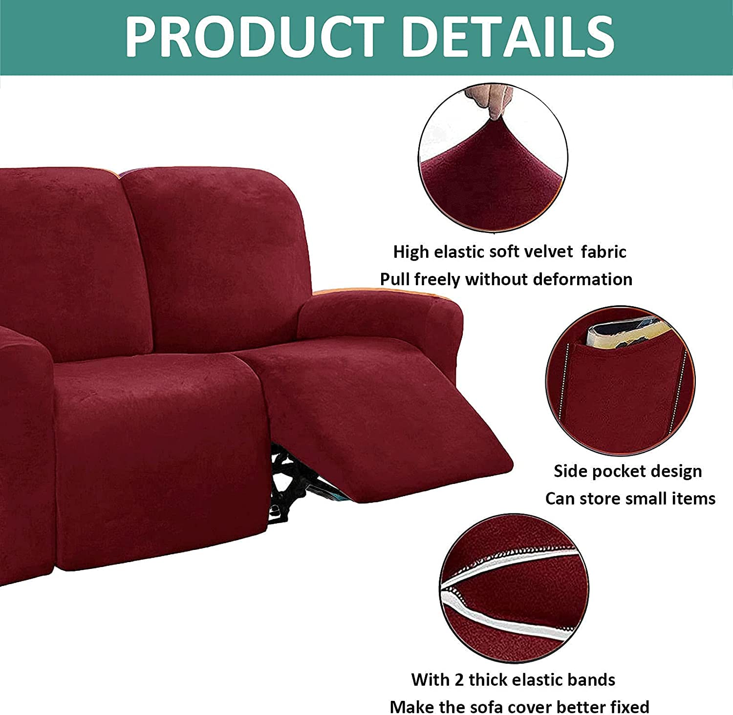 10-Piece Velvet Stretch Recliner Sofa Covers - Soft Washable Slipcovers for 4-Cushion Reclining Couches, Thick Furniture Protector (Red) - Perfect for Living Room, Home Theater & Family Gatherings