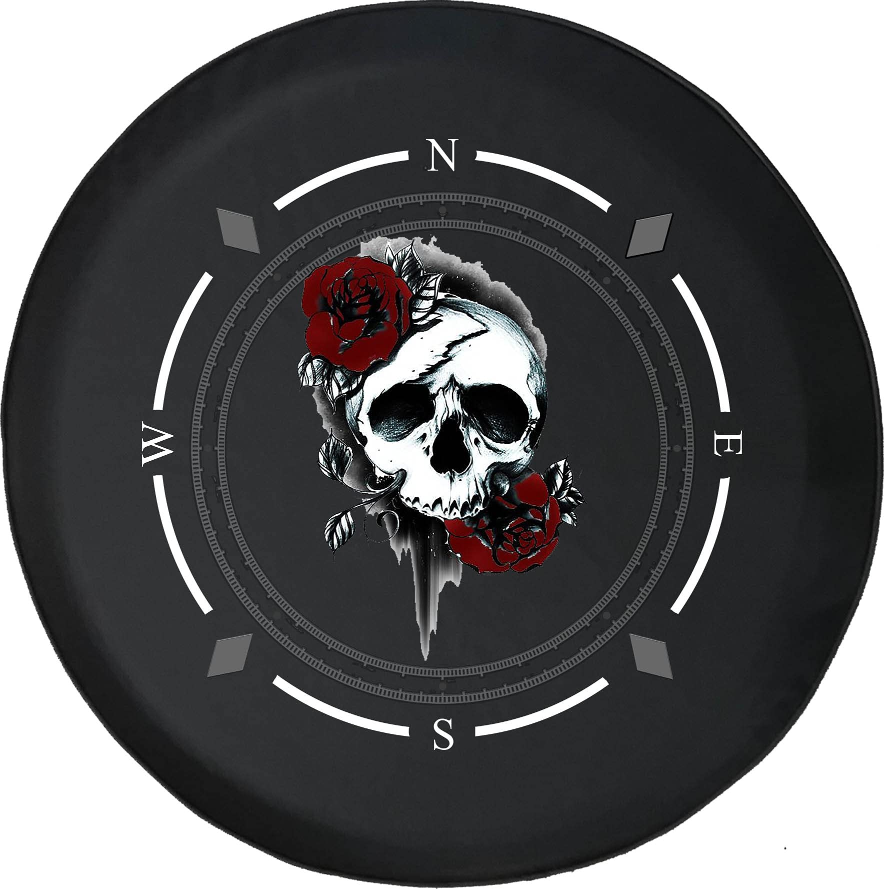 American Unlimited Spare Tire Cover with Compass Design - Red Roses & Skull Wheel Cover for SUV, Trailer, RV Accessories | Durable & Stylish Protection for Off-Road Adventures & Camping Trips