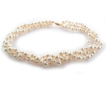14K Yellow Gold & White Freshwater Pearl Twisted Necklace - 5.5-6mm & 8-8.5mm Pearls, 3 Rows, 18