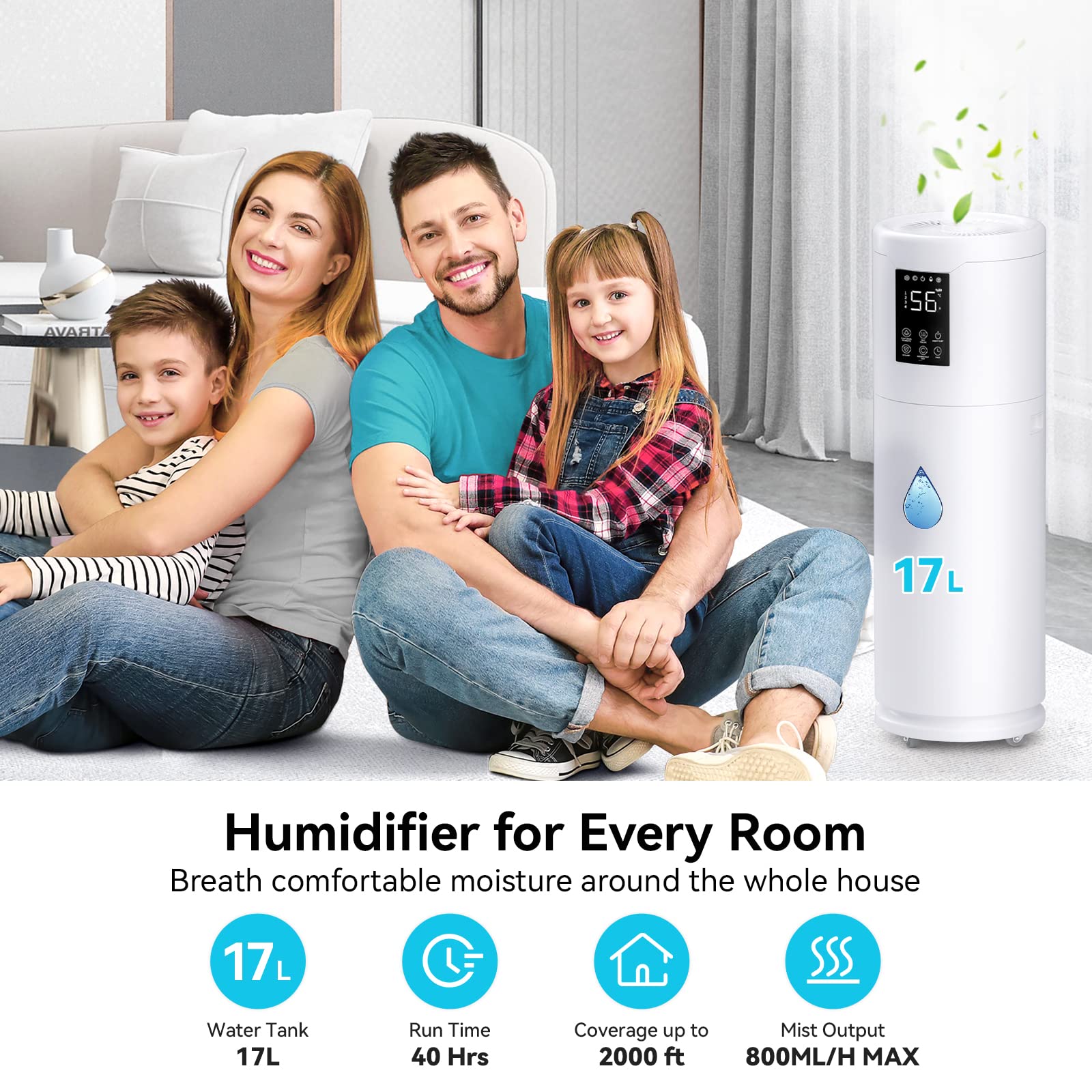 17L/4.5Gal Large Room Humidifier for Home & Office - 2000 sq.ft Coverage with 360° Nozzle & Extension Tube - 4 Speed Mist Settings for Bedroom, Greenhouse & Commercial Spaces - Top Fill Whole House Humidifier for Plants & Dry Air Relief