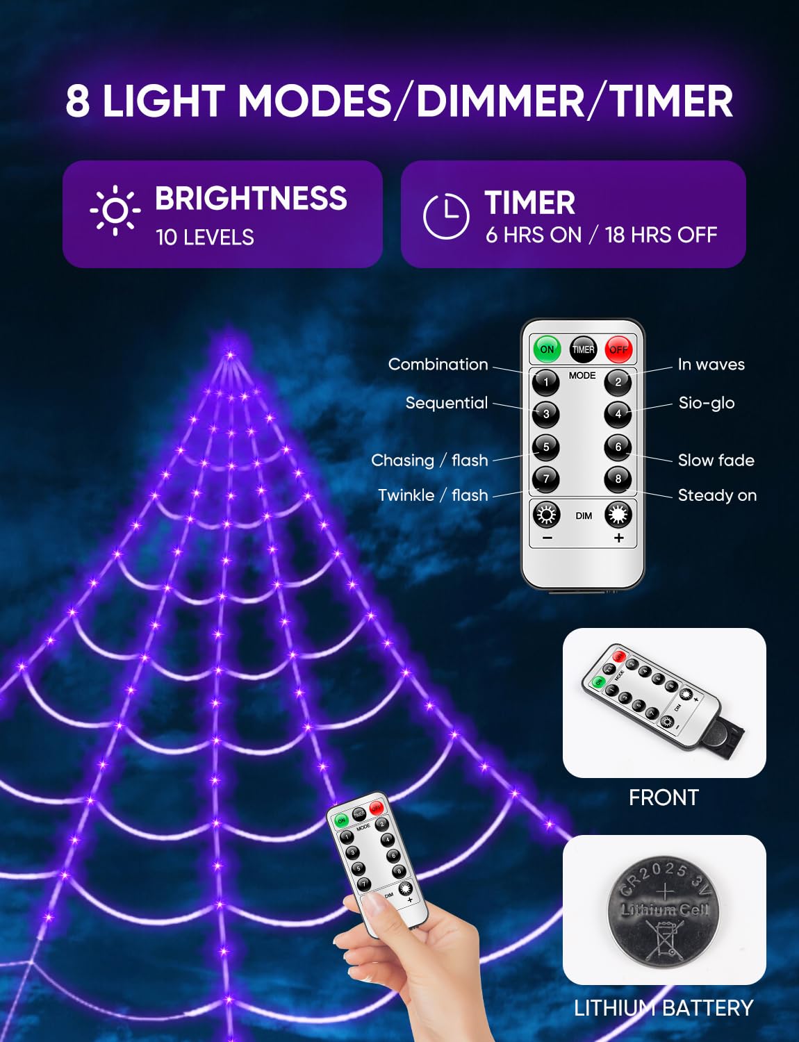 Spider Web Halloween Lights - 250 LED 16.4Ft Outdoor Battery Powered Purple Halloween String Lights with Remote Control, 8 Lighting Modes, 60