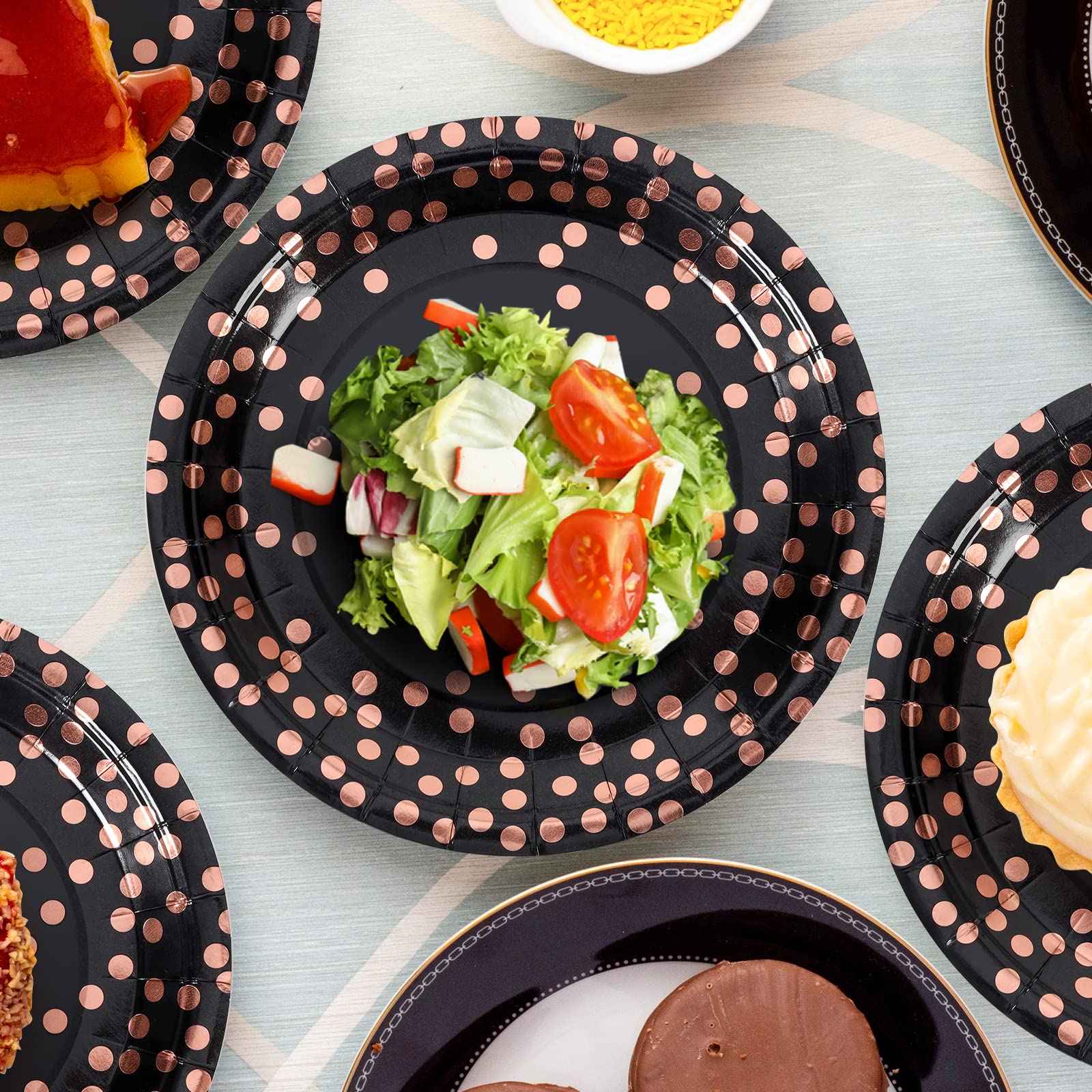 Premium Black & Rose Gold Paper Plates 100 Pack - 50 x 9 Inch Dinner Plates & 50 x 6.5 Inch Napkins - Elegant Disposable Party Tableware for Birthday, Wedding, Baby Shower & Special Events