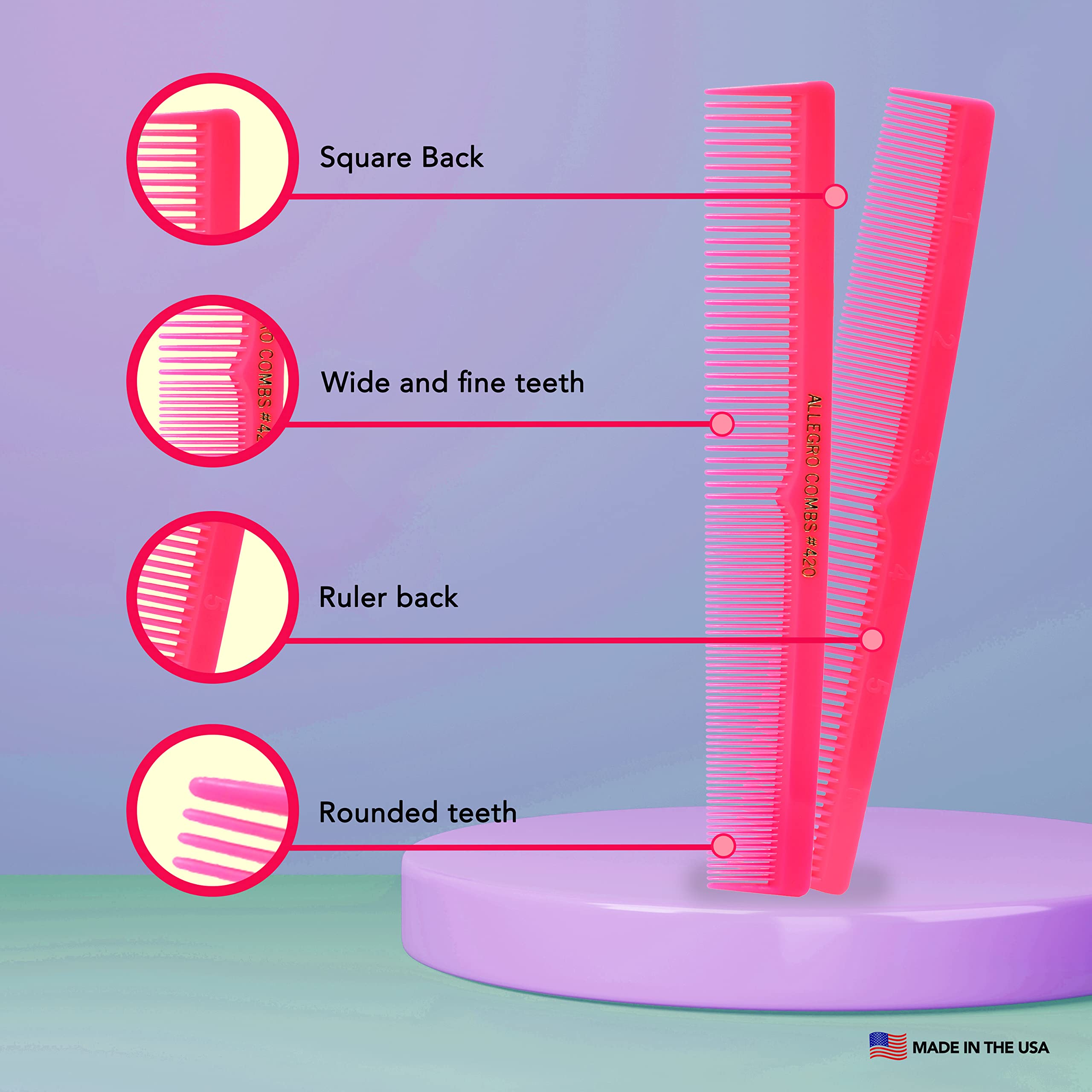 Professional 3-Piece Hair Styling Comb Set - Barber Cutting Comb, Beard & Mustache Comb, Braiding & Parting Comb for Men, Women & Kids (Neon Pink) | Perfect for Salon, Home Haircuts & Grooming
