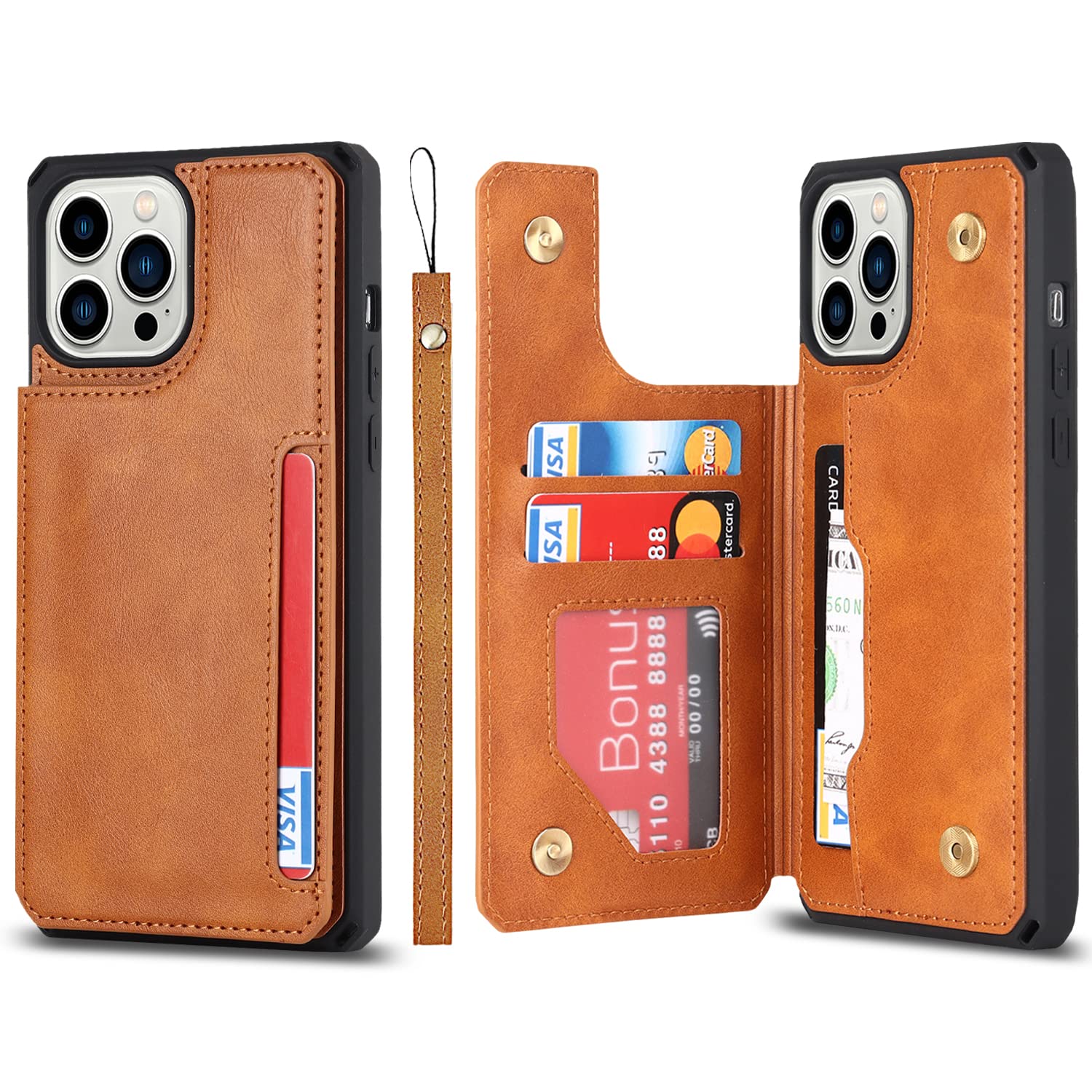 Premium Leather iPhone 13 Pro Max Wallet Case with Card Holder & Stand - Shockproof Protective Phone Cover for Women & Men (Light Brown) - Perfect for Work, Travel & Everyday Use