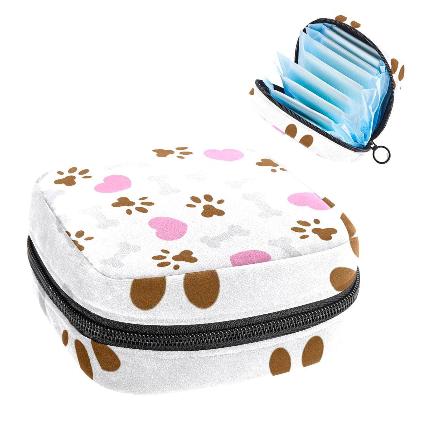Grey Bone Brown Foot Print Pink Heart Sanitary Napkin Storage Bag | Feminine Menstrual Cup Pouch | Nursing Pad Holder & Tampon Organizer | Portable Period Bag for Women & Teen Girls (1PC) | Perfect for Travel, School & Gym