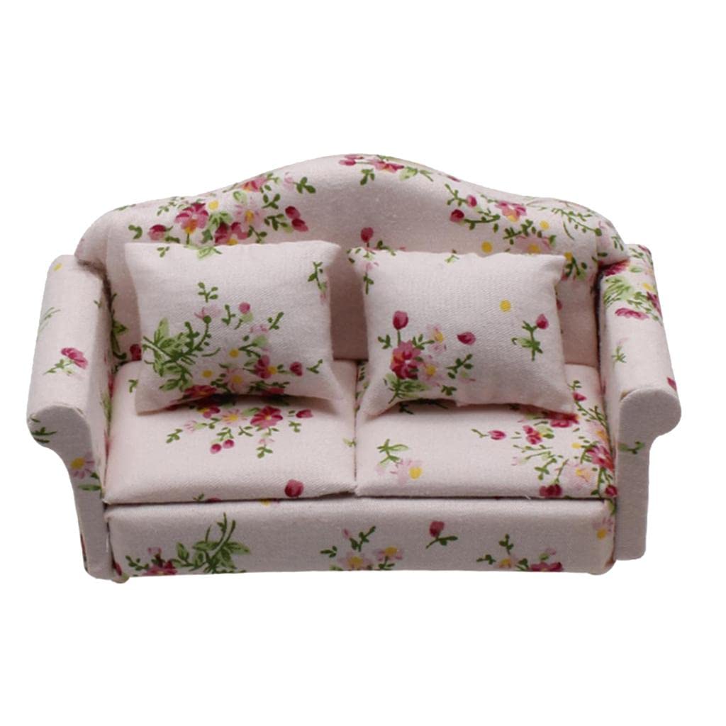 Miniature Dollhouse Furniture - Striped & Floral Sofa Couch with Cushions for 1:12 Scale Dollhouse, DIY Home Decor, Mini Living Room Scene Accessories - Perfect for Doll Collectors & Model House Enthusiasts