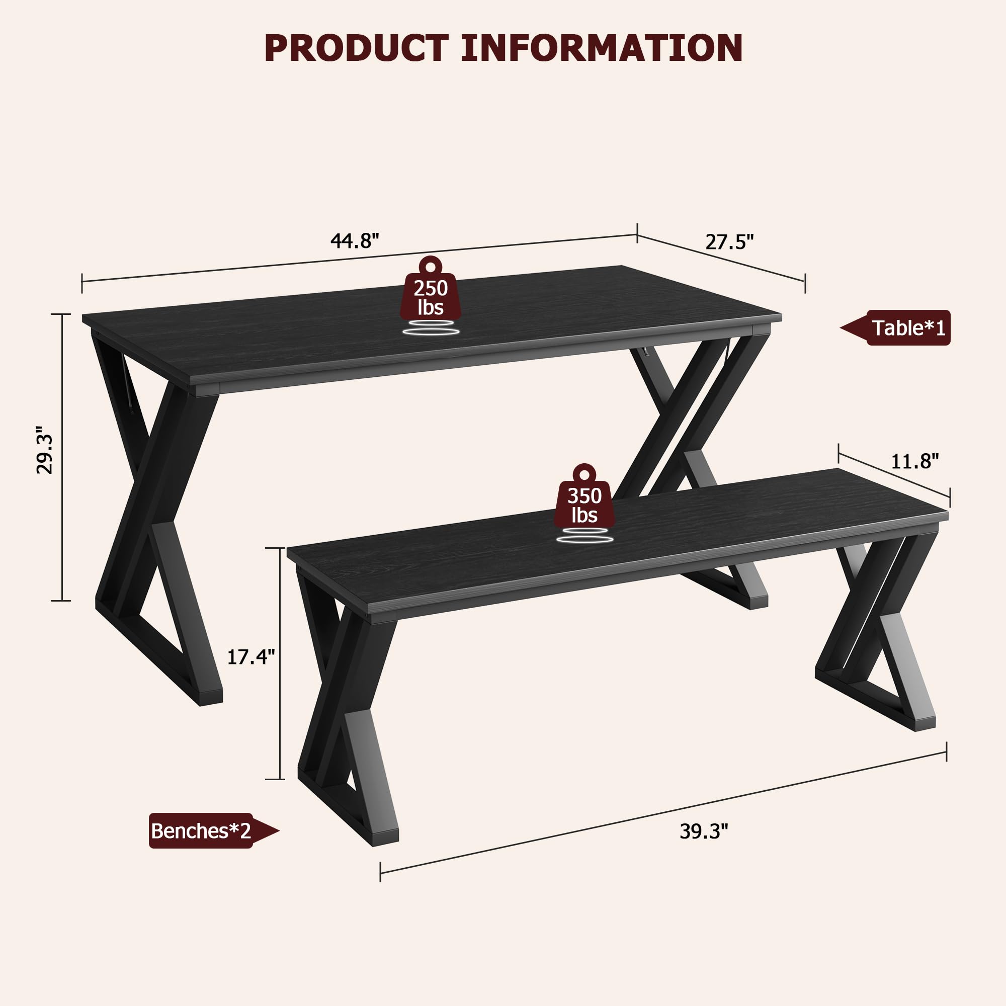 GAOMON 55 Inch Black Dining Table Set with 2 Benches - Space Saving Rectangular Kitchen Table for 4-6 People, Sturdy Metal Frame - Perfect for Small Apartments, Dining Rooms & Compact Kitchens