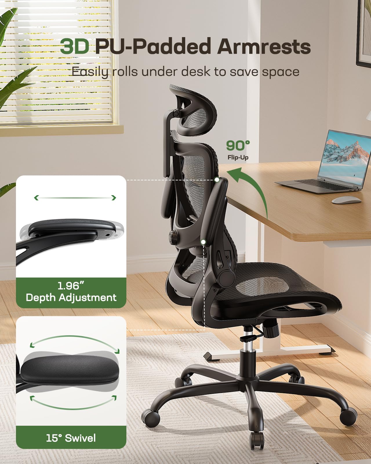 Ergonomic Mesh Office Chair with Lumbar Support - High Back Adjustable Desk Chair for Home Office & Gaming, 2D Headrest & 3D Flip-Up Armrests, Perfect for Long Work Sessions & Comfortable Gaming Setup
