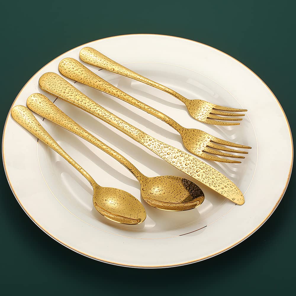 Premium 40-Piece Stainless Steel Gold Silverware Set for 8 - Titanium Plated Cutlery with Mirror Polish (Spoons, Forks, Knives) - Dishwasher Safe - Elegant Dinnerware for Weddings, Parties & Fine Dining