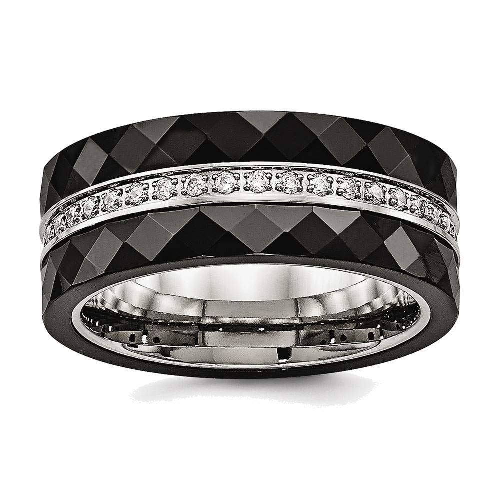 Stainless Steel Polished Faceted Black Ceramic CZ Ring for Men & Women - Elegant Wedding Band, Anniversary Gift, Fashion Jewelry for Everyday Wear