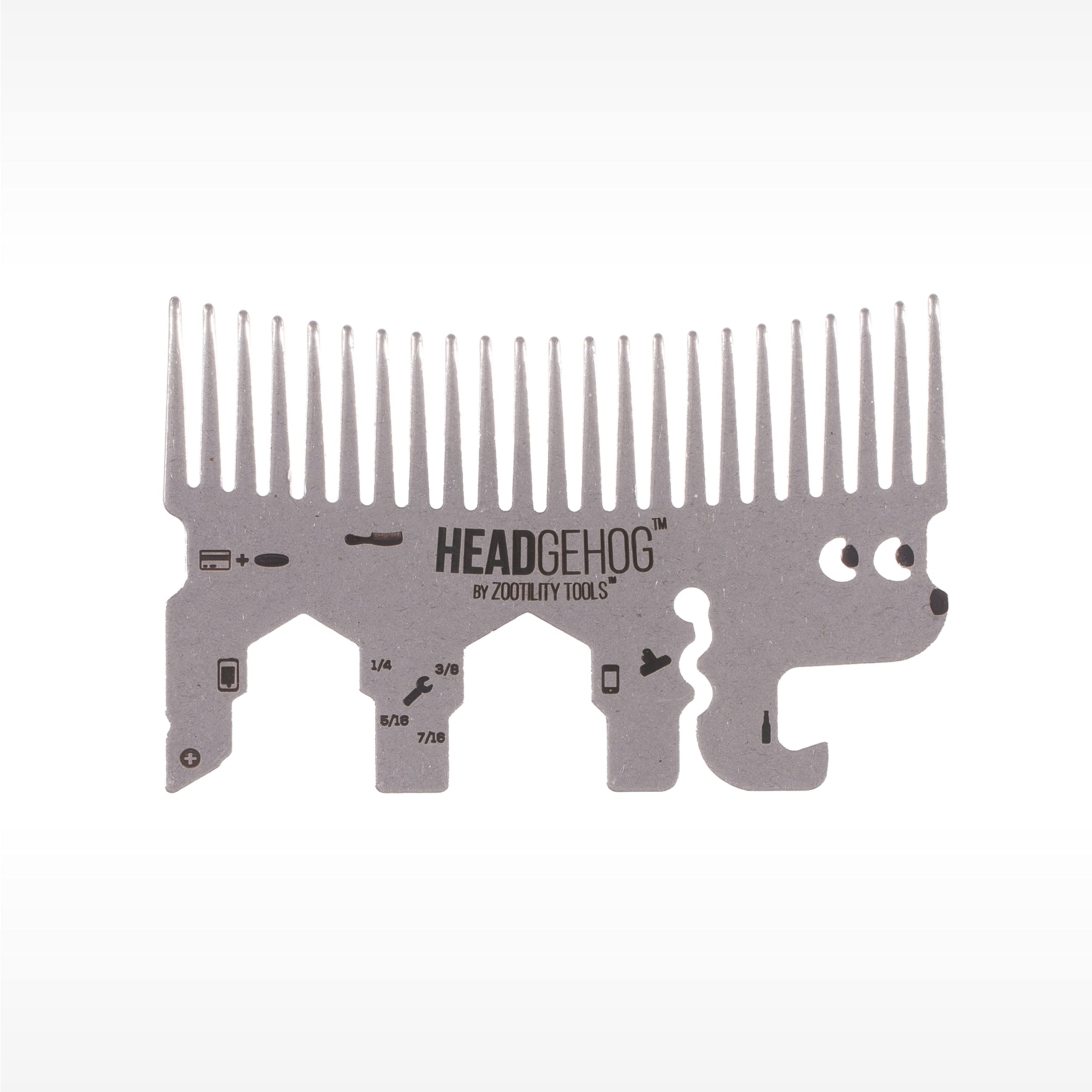 Zootility Tools HeadgeHog Pocket Comb - Stainless Steel Multi-Tool with Bottle Opener & Keychain for Camping, Hiking, and Everyday Carry (EDC) - Silver