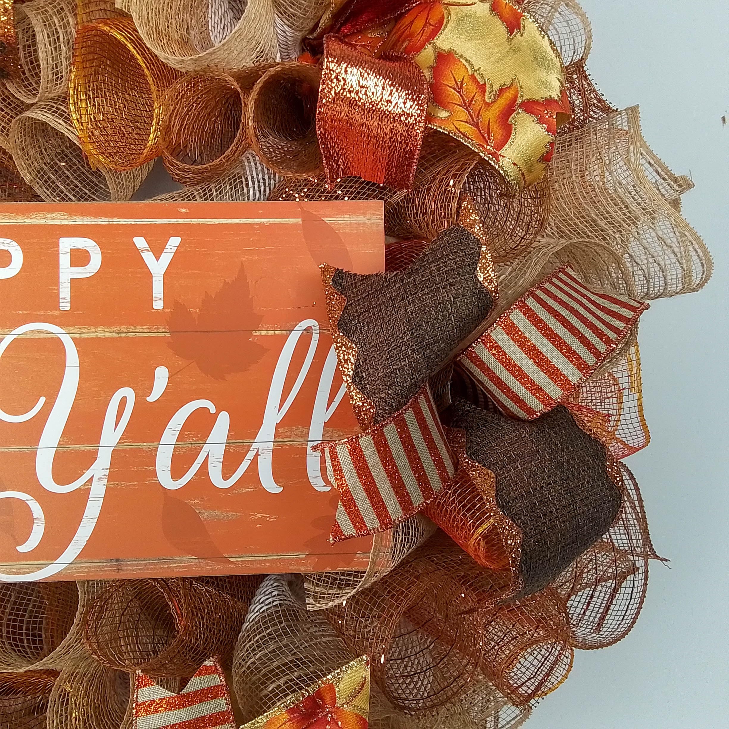Happy Fall Y'all Wreath - Autumn Home Decor - Thanksgiving Door Wreath with Deco Mesh in Brown & Orange Burlap - Perfect for Front Door, Porch & Seasonal Holiday Decorations
