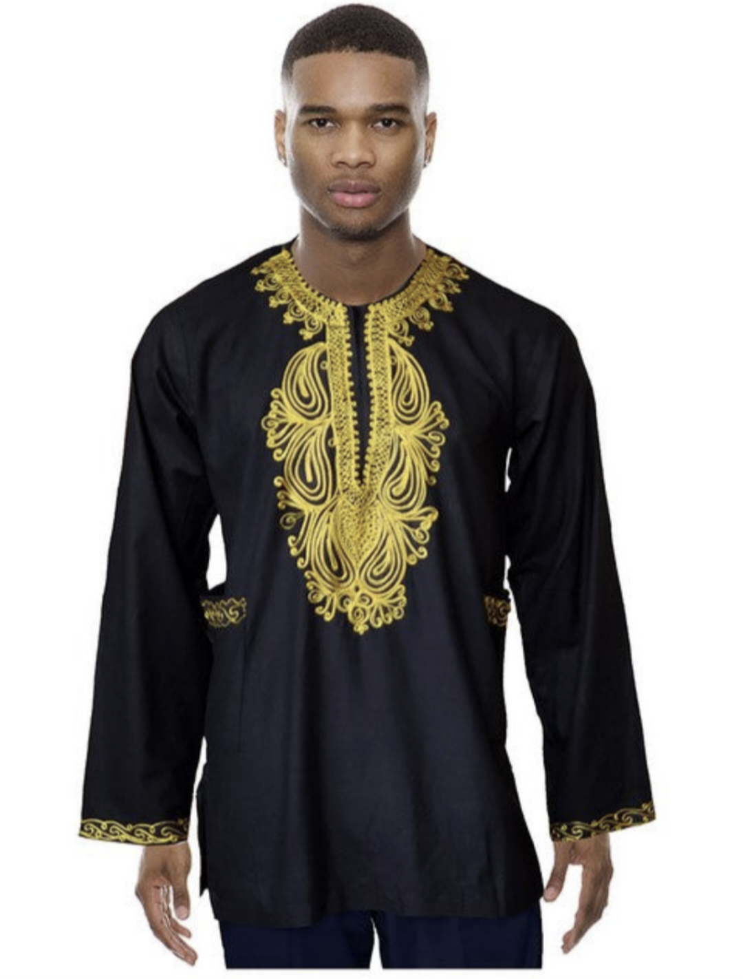 Black Cotton Long Sleeve Dashiki Shirt with Gold Embroidery - African Print Tunic Top DP3781LS | Perfect for Cultural Events, Weddings & Afrocentric Fashion