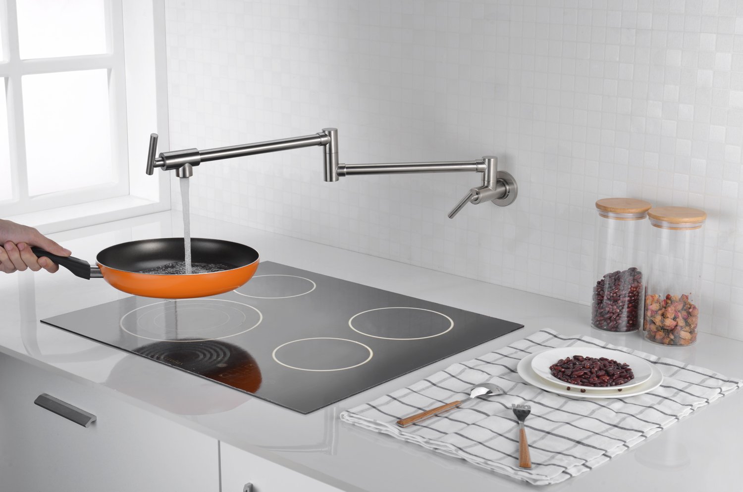 SUMERAIN Wall Mount Pot Filler Faucet - Brushed Nickel Finish with Dual Swing Joints - Perfect for Kitchen Sink, Stove & Cooking Area