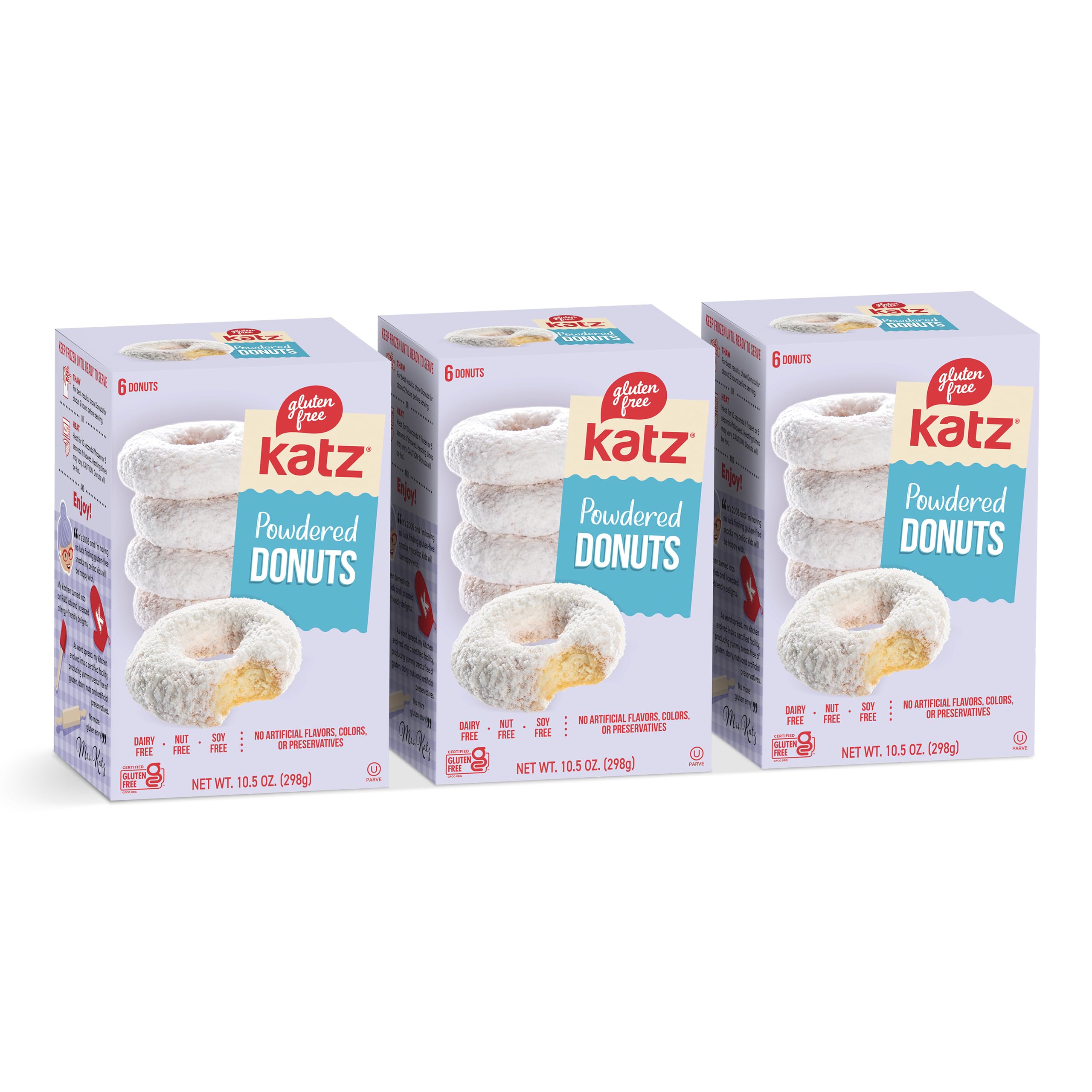Katz Gluten Free Powdered Donuts - Dairy Free, Nut Free, Soy Free, Kosher Certified (3 Packs of 6 Donuts, 10.5 oz Each) - Perfect for Breakfast, Snacks & Celiac-Friendly Diets